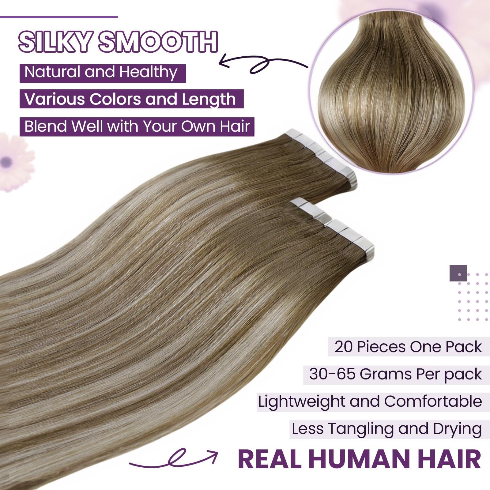 LaaVoo Tape in Hair Extensions Human Hair Balayage Tape Hair Extensions Real Human Hair Invisible Tapes Remy Straight Brown to Light Blonde Hair Double Sided Tabs 20pcs 50g 16 Inch #8/60/8 - Image 2