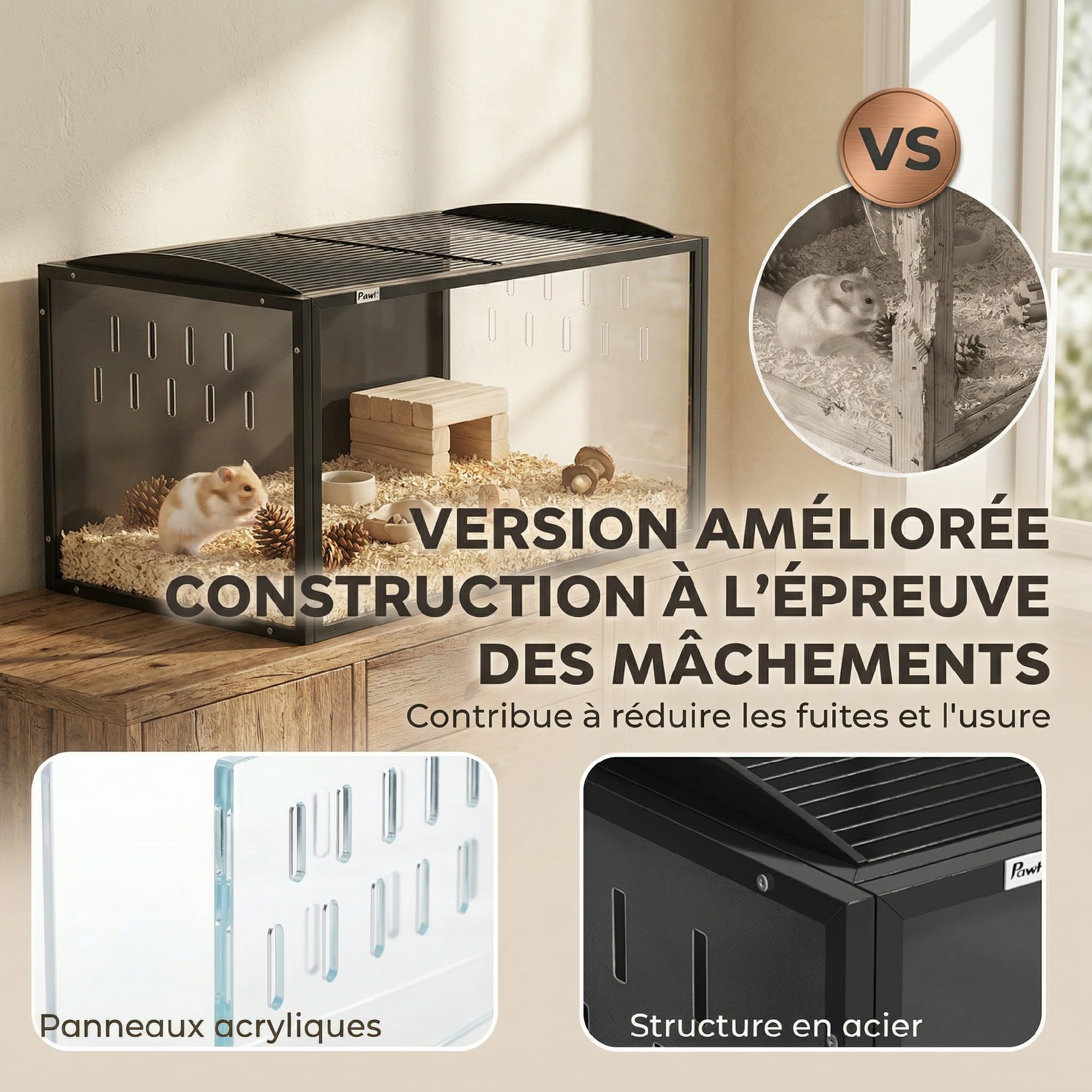 PawHut Cage à Hamster Géante 105 cm Habitat pour Rongeur en Acier et Acrylique Transparent Grande Cage avec Vue Panoramique et Toit Ouvrant pour Hamster Syrien et Souris, Noir