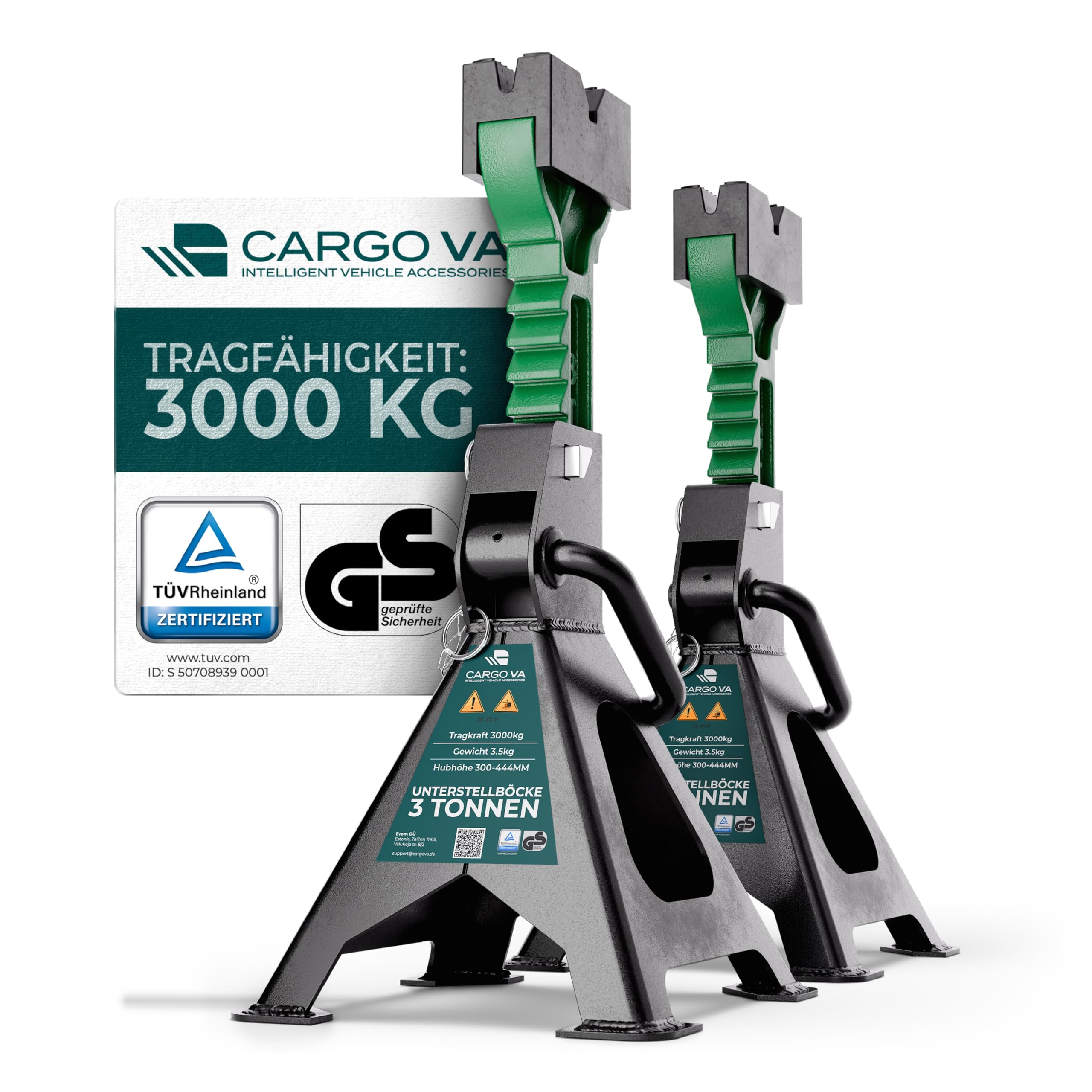 CargoVA® Unterstellbock 3T [2er Set] mit Gummiauflage – TÜV GS Geprüft & Höhenverstellbar (300-444mm) – 3000kg Unterstellböcke KFZ mit Doppel-Sicherung – Auto Böcke für PKW & SUV