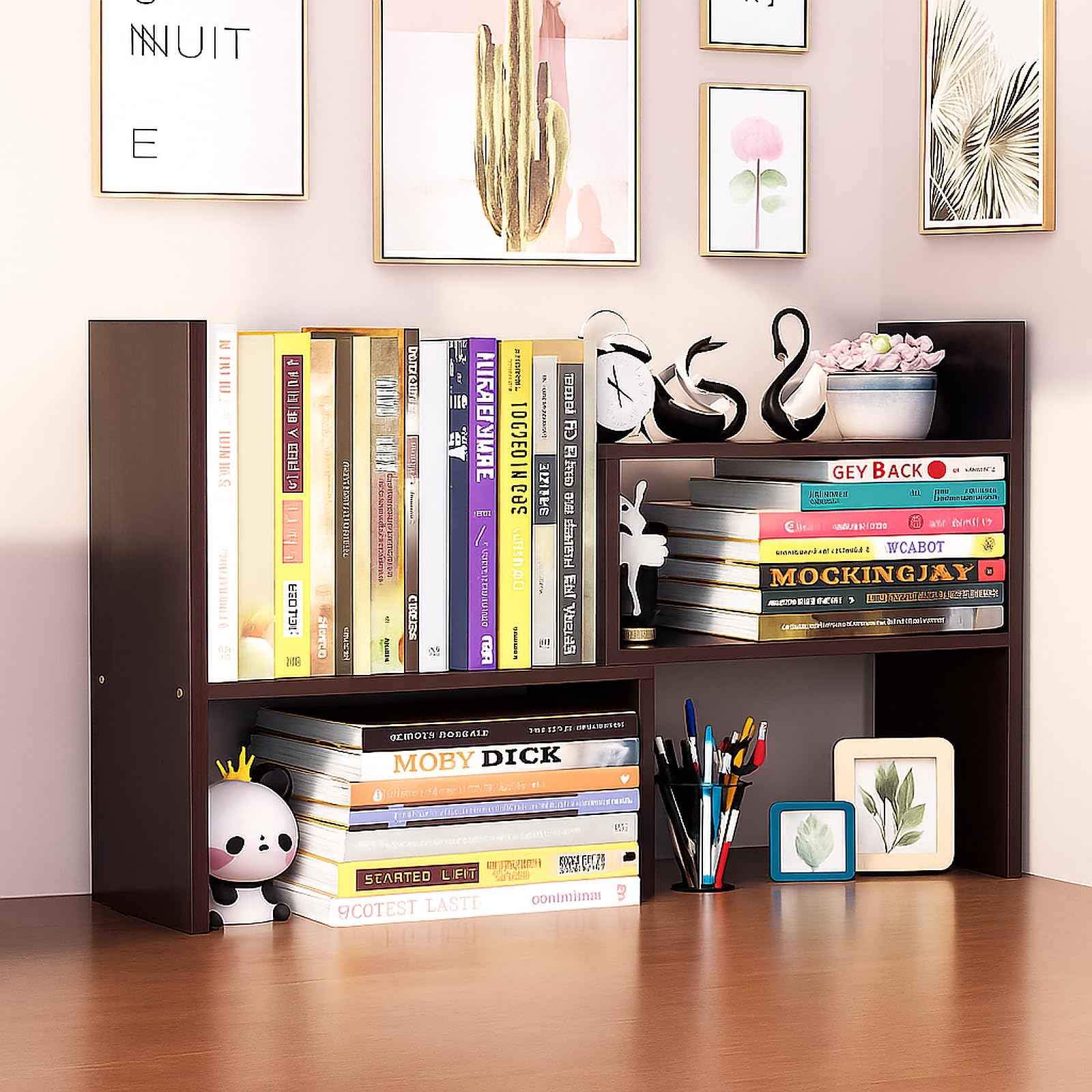 IUSEIT Desktop Shelf Organizer, Adjustable Wood Office Storage Rack, Counter Display Small Bookshelf for Home/Office/School(Dark Walnut)