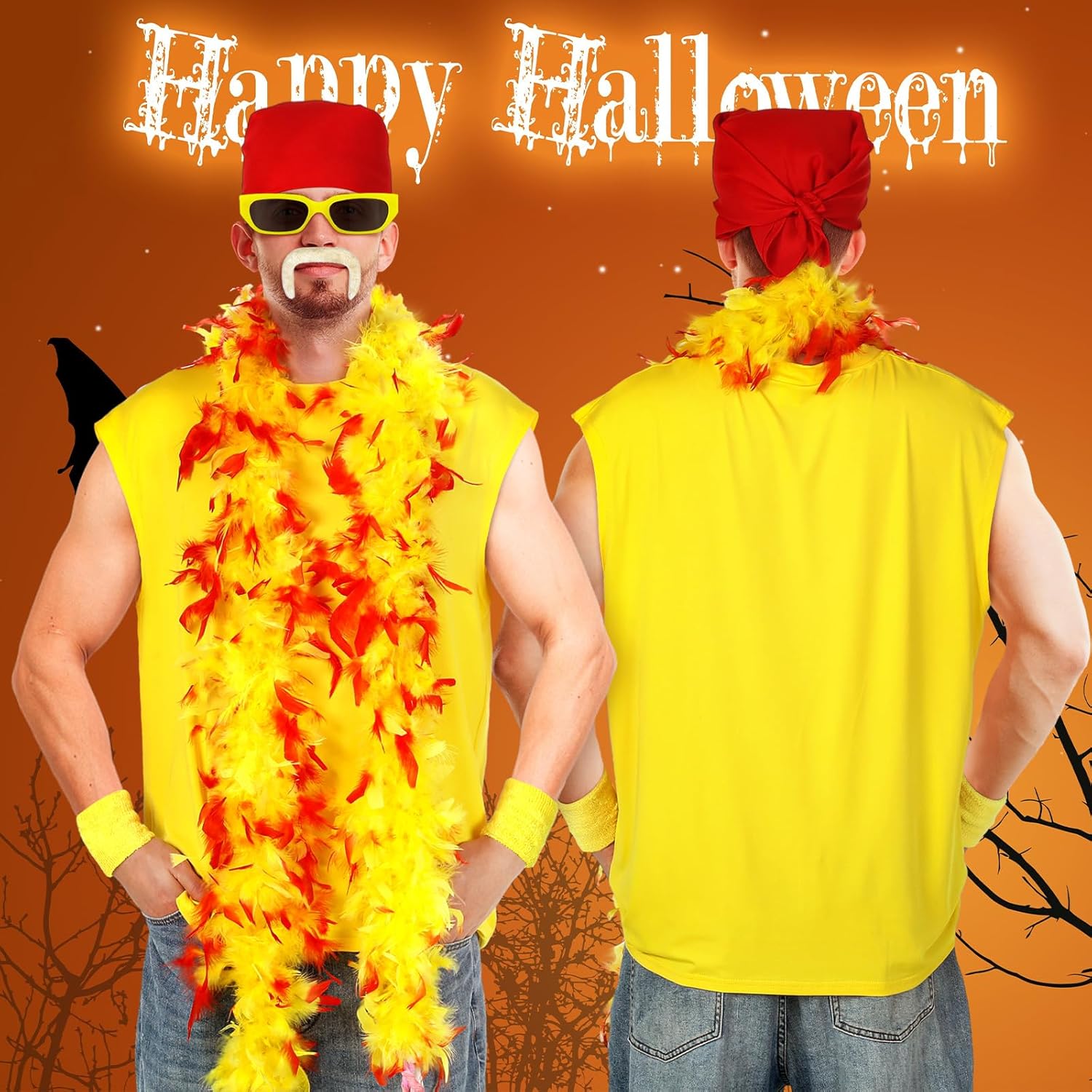 6 Pcs Halloween Wrestler Costume Set Include Yellow Sleeveless T-shirt 6ft Feather Boa Mustache - Image 4