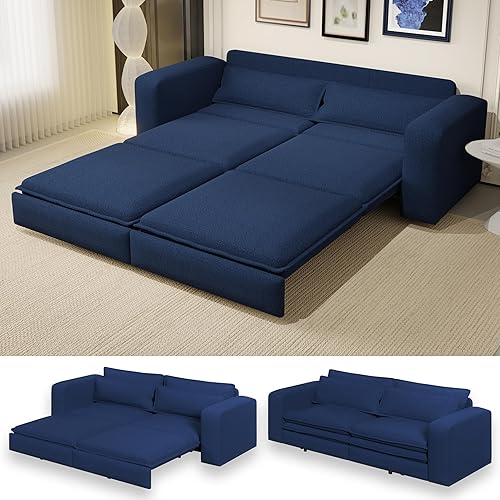 93" King Pull Out Sofa Bed, 3 in 1 Convertible Sleeper Sofa Couch, Comfy 3 Seater Sleeper Bed with 2 Pillows, Modern Upholstered Teddy Futon Couches for Living Room, Bedroom, Apartment, Blue