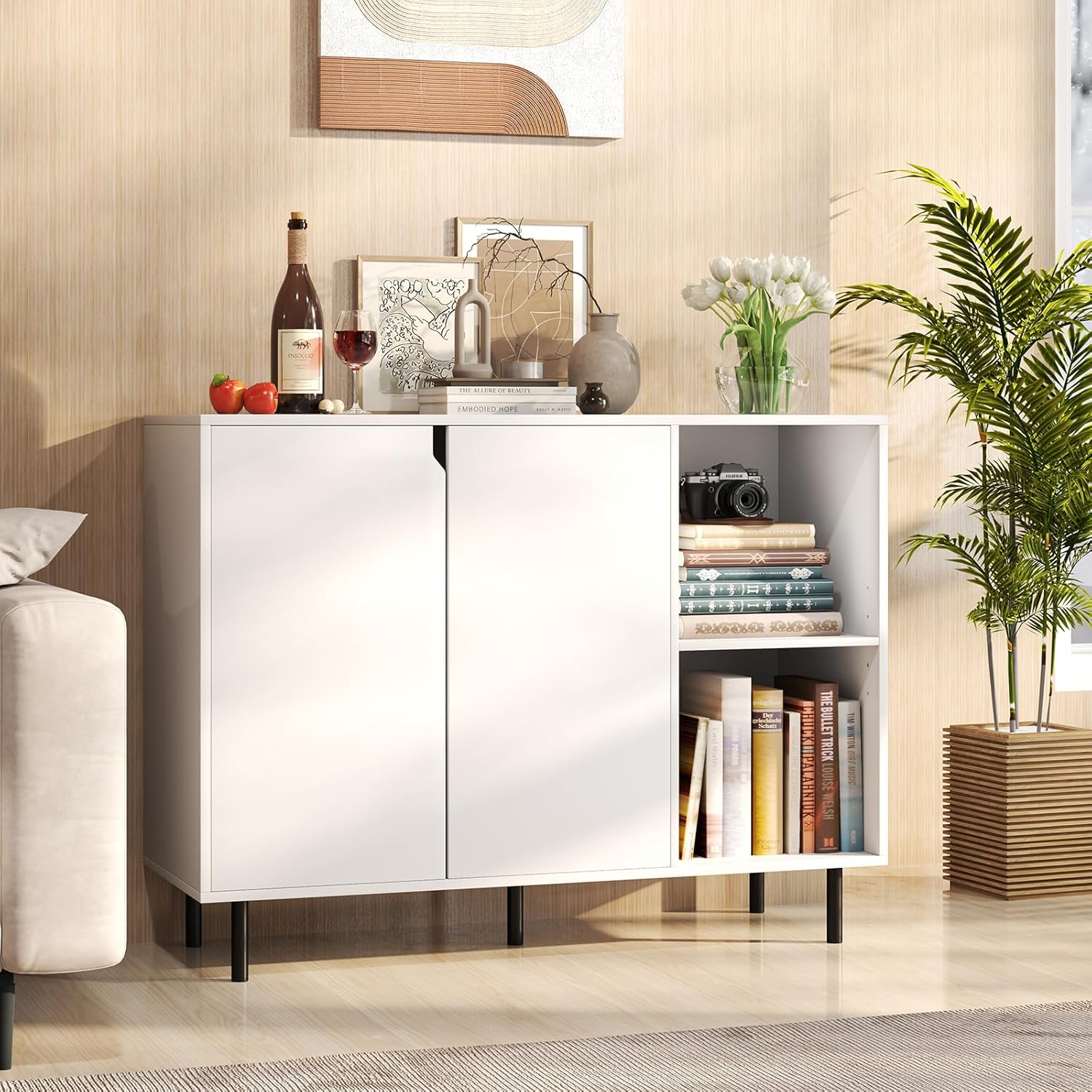 LOKO Kitchen Buffet Cabinet with Storage, Modern Storage Island with Adjustable Shelves, 2 Doors, Sturdy Metal Legs, Coffee Bar Cabinet, Perfect for Living Room, White