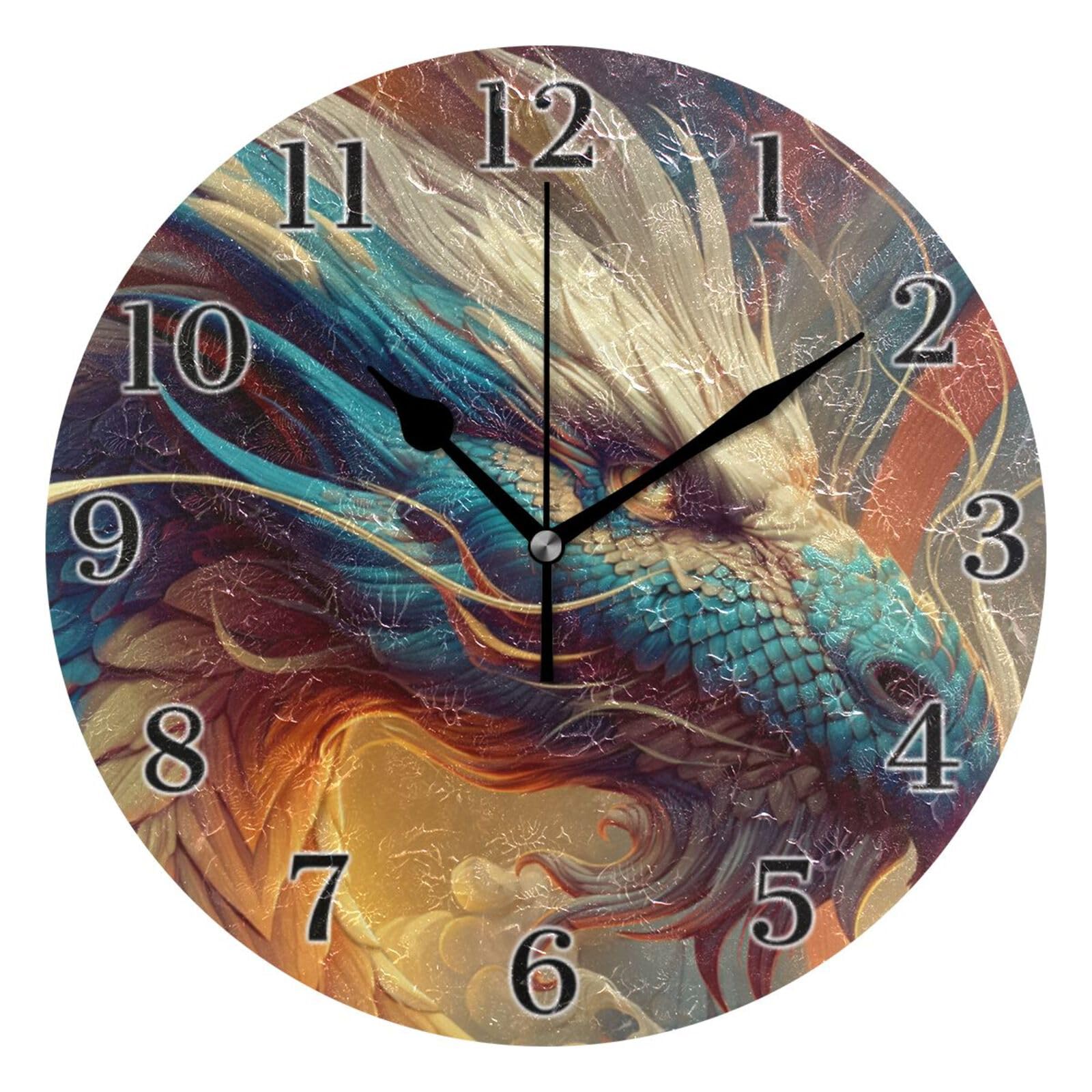 Ensound Dragon Blue Gold Wall Clock Silent Non-Ticking Battery Operated Clocks 12 Inch for Kitchen Home Living Room
