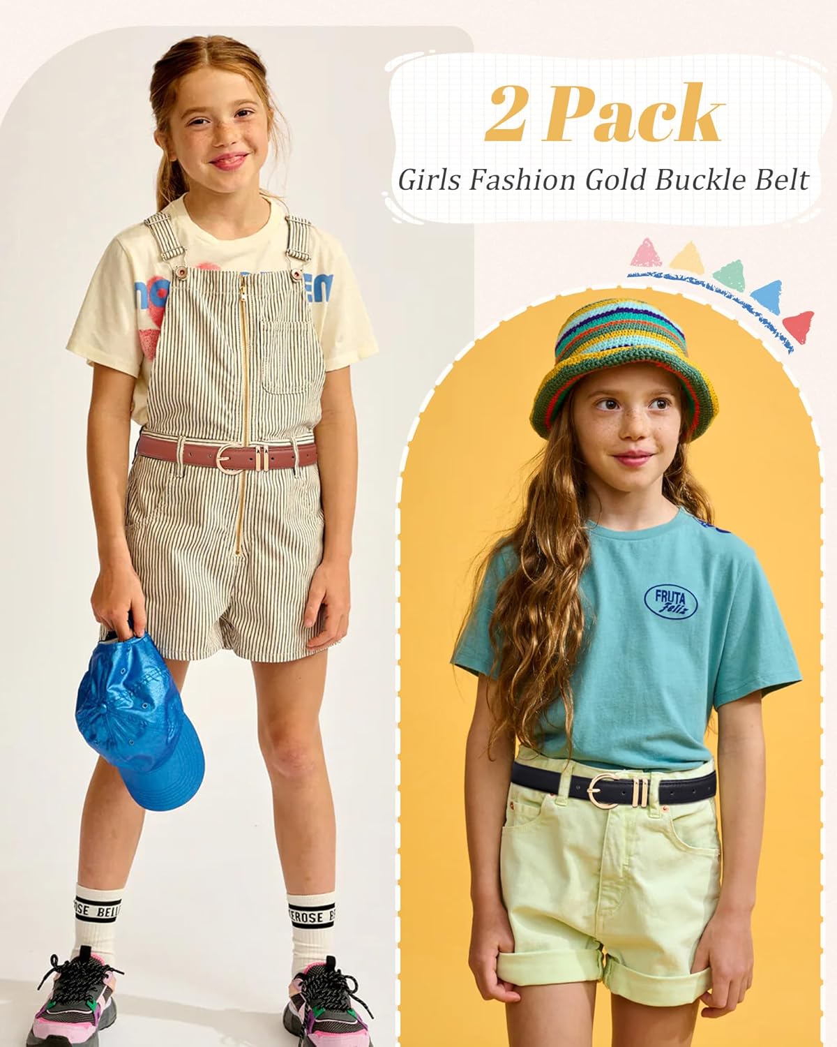 AWAYTR 2 Pcs Kids Girls Leather Belt, Fashion Gold Buckle Belts for Teen Girls Jeans Dress - Image 3