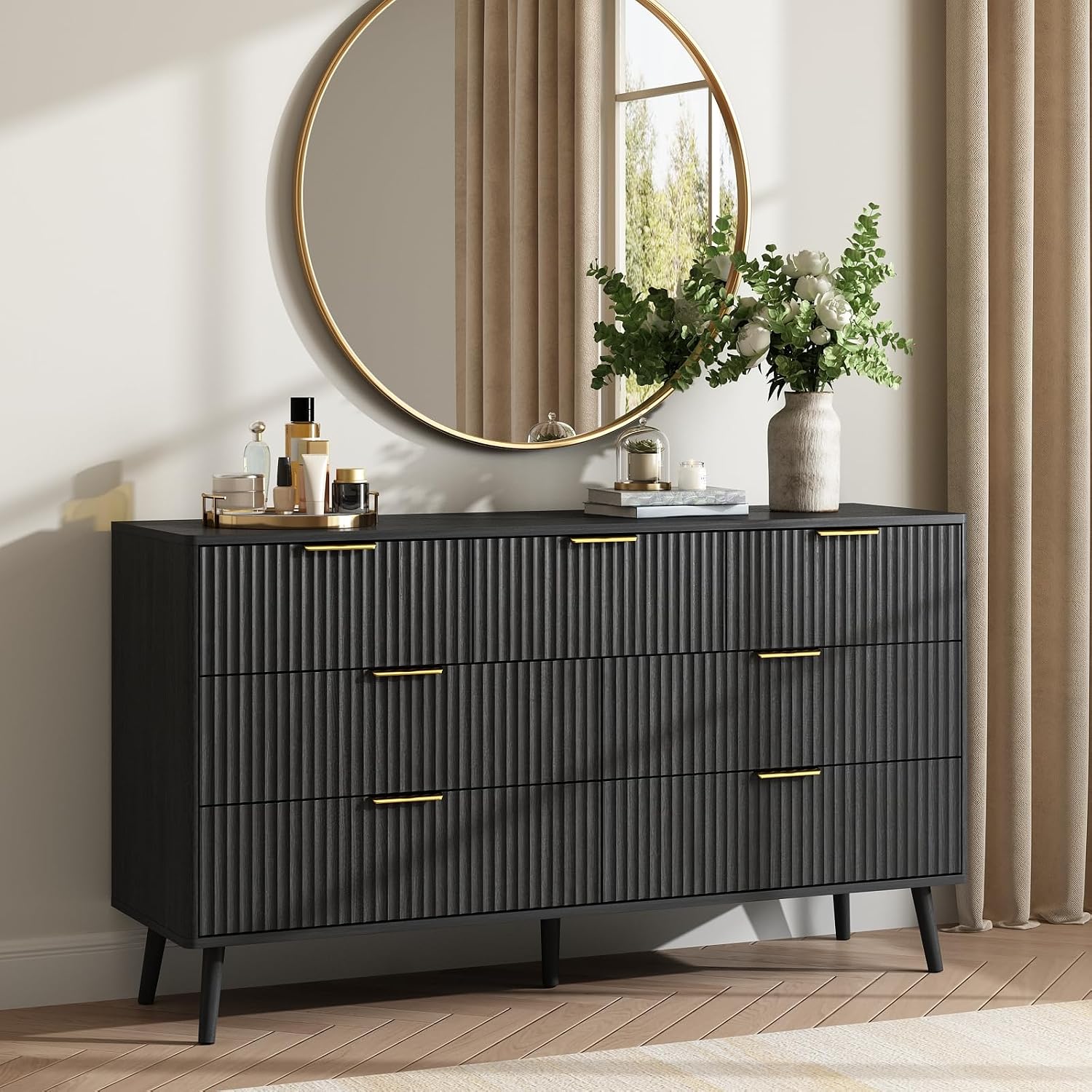 CARPETNAL Fluted 7 Drawer Dresser for Bedroom, 55" Wide Wooden Chest of Drawers with Rounded Corners, Gold Handles, Modern Storage Organizer for Bedroom, Hallway(Black)