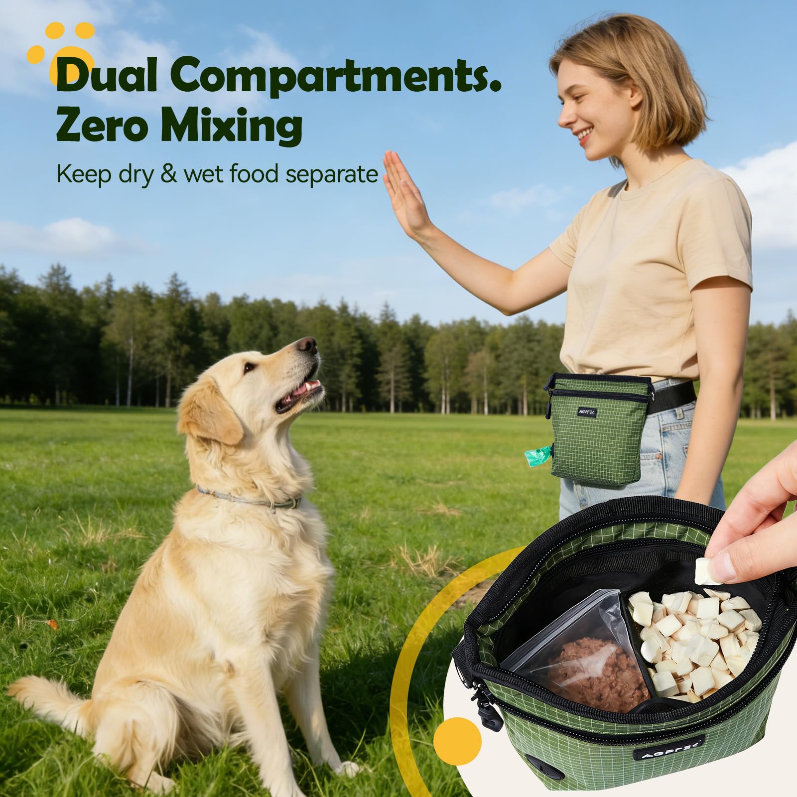 AGPTEK Dog Treat Pouch, Magnetic Dog Walking Pouch with Removable & Split Snack Bag, Water-Resistant Waist Pack with Poop Bag Dispenser & Hands-Free D-Ring for Training, Walking, Hiking, Run, Green - image 3