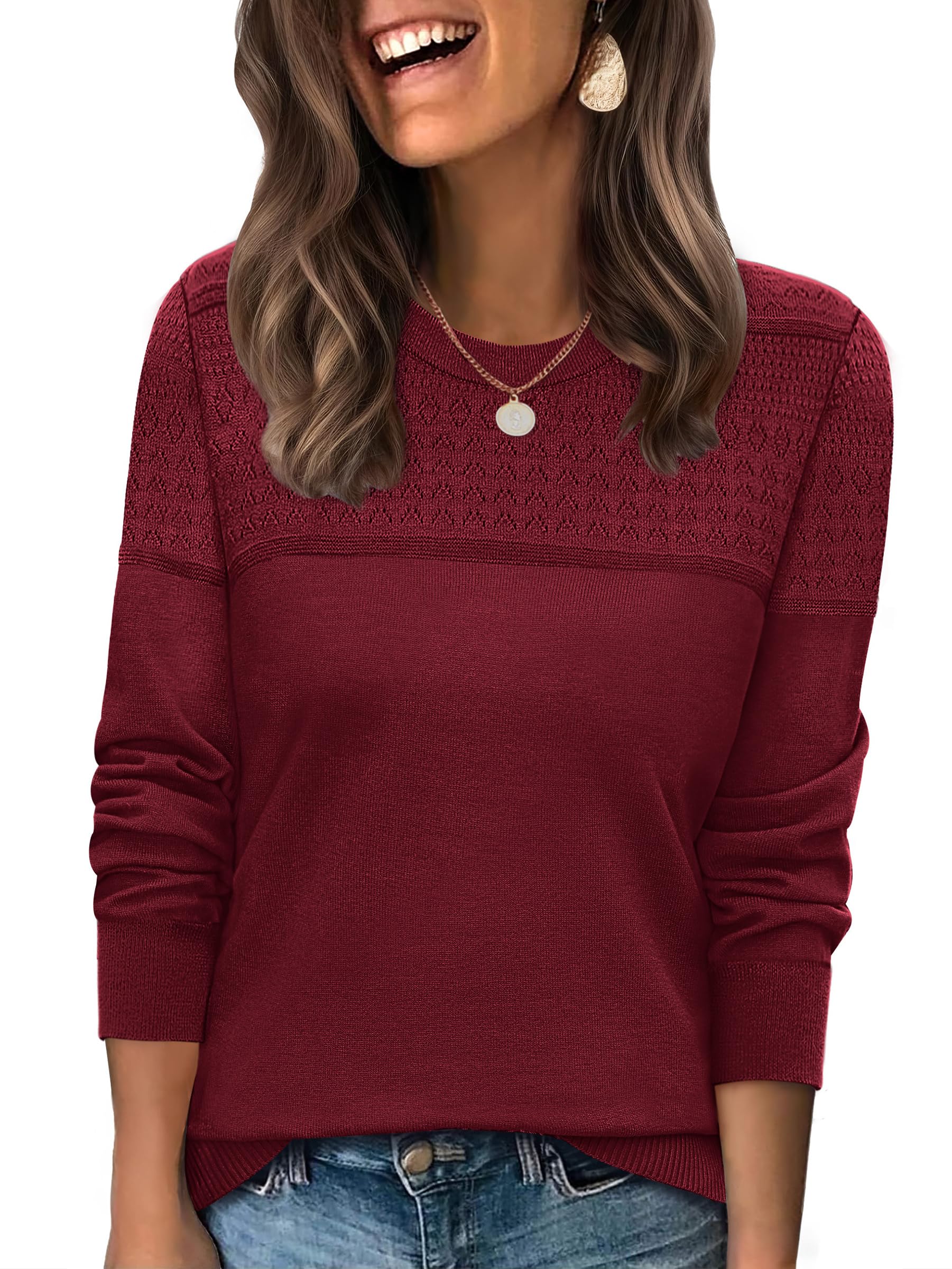 WIHOLL Sweaters for Women Crewneck Crochet Tops Long Sleeve 2025 Fall Winter Outfits Fashion Clothing