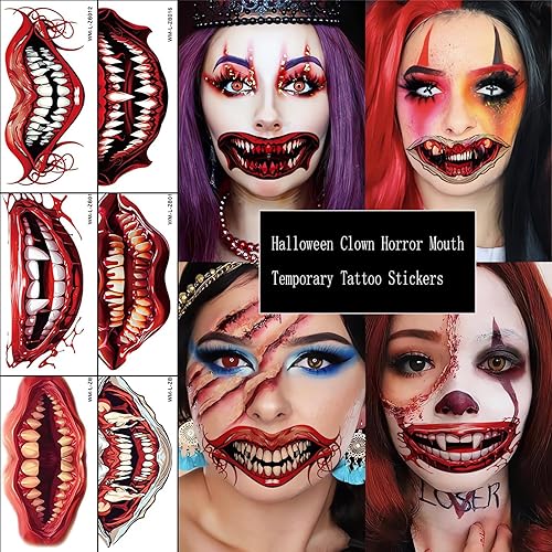 Miniatura 5 de 10 calcomanías de tatuaje de boca de payaso de terror de Halloween, tatuajes temporales de Halloween, accesorios de broma para Halloween, cosplay,