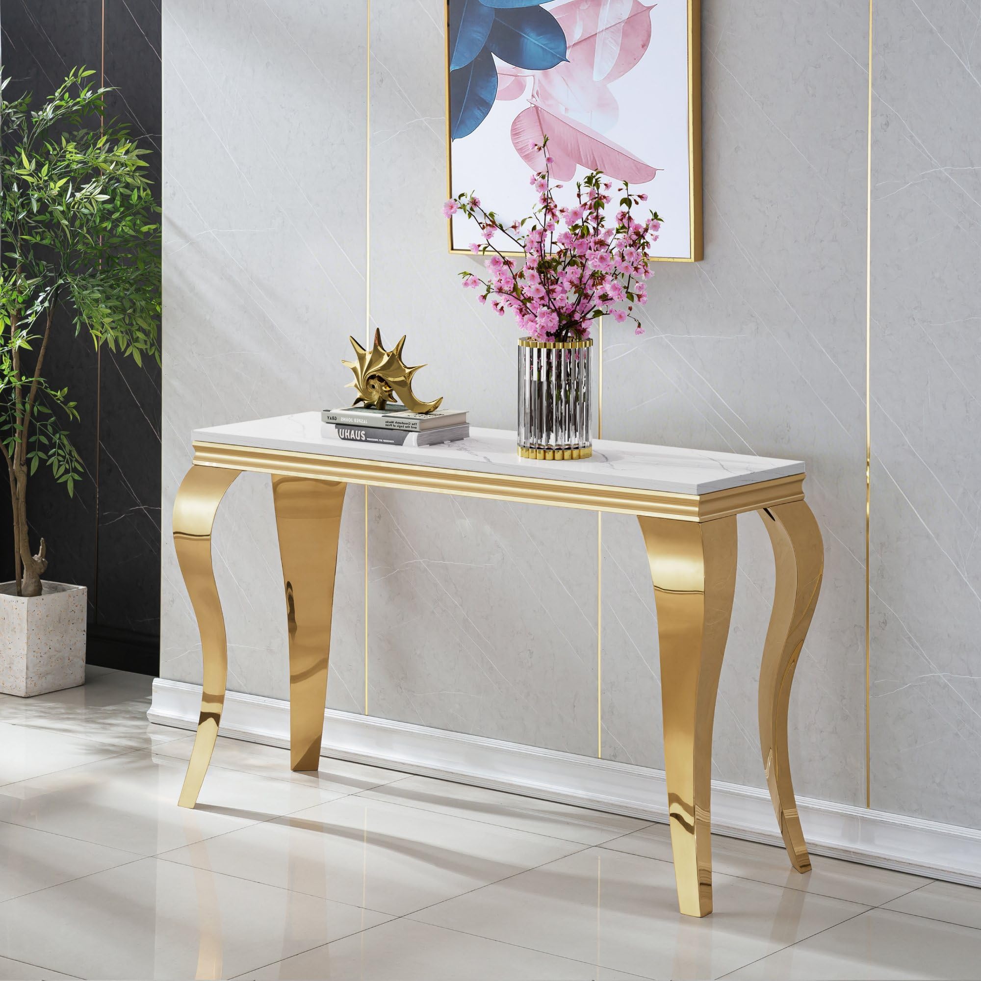 Luxury Marble Console Table, White Faux Marble Top, Gold Stainless Steel S Legs, 46.8" Sofa Console Table Behind Couch, Modern Entryway Table for Hallway, Entrance, Foyer, Living Room