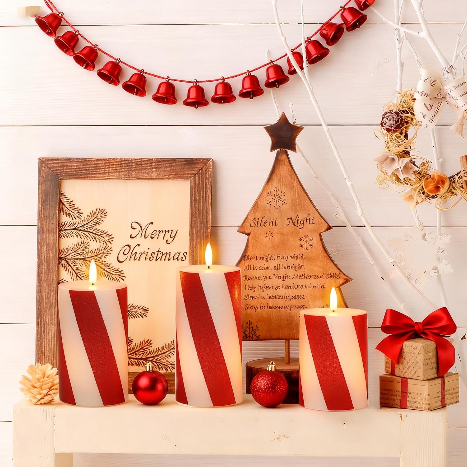 Eldnacele Christmas Candy Cane Stripe Flameless Candles with Remote and Timer, Battery Operated 3D Wick Flickering Real Wax Stripe Glitter Pillar LED Candles Holiday Xmas Decor (3Pcs, D3×H4/5"/6")