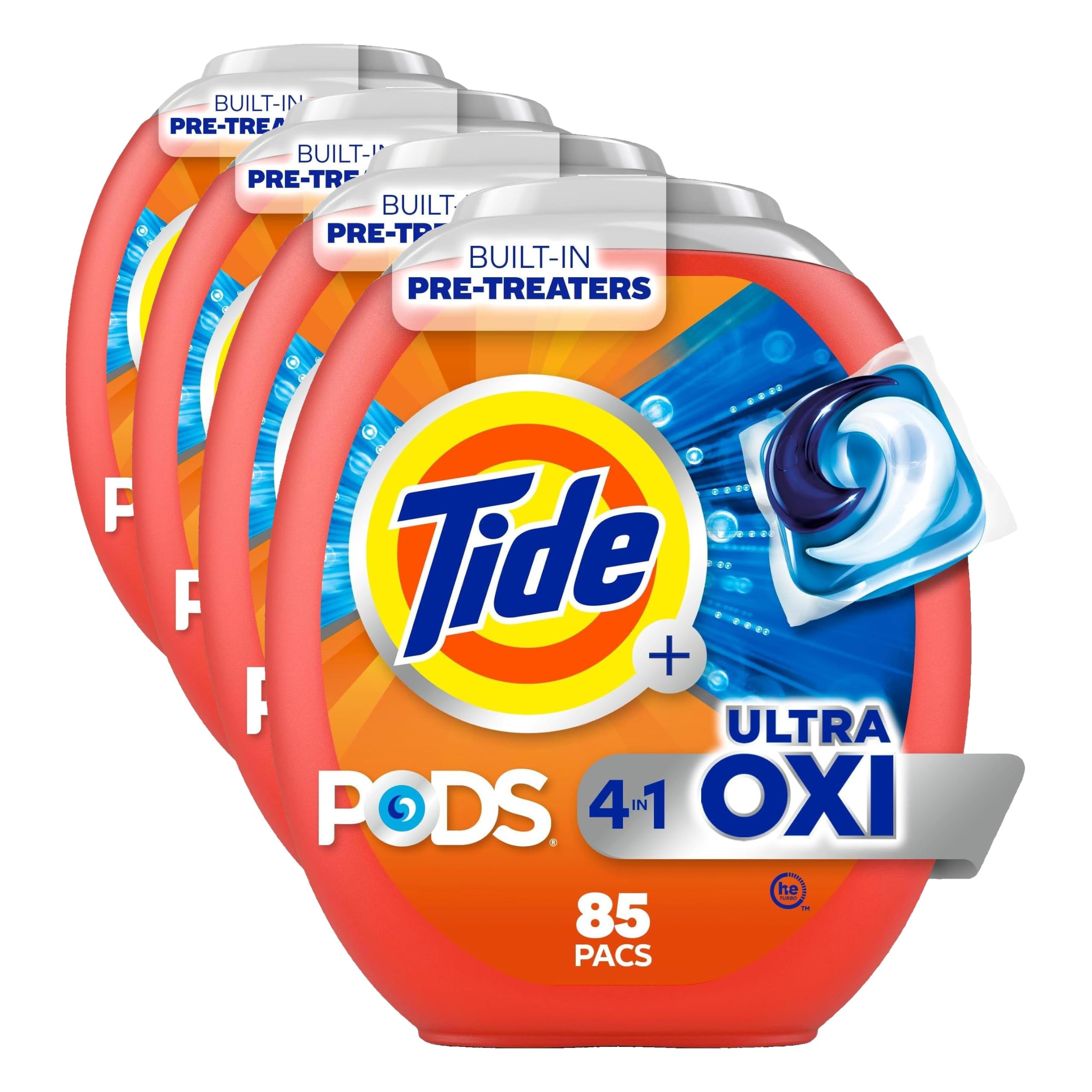 Tide 4-in-1 Ultra Oxi PODS Laundry Detergent Pacs, HE Compatible, Built in Pre-treater for Stains, 85 Count (Pack of 4)
