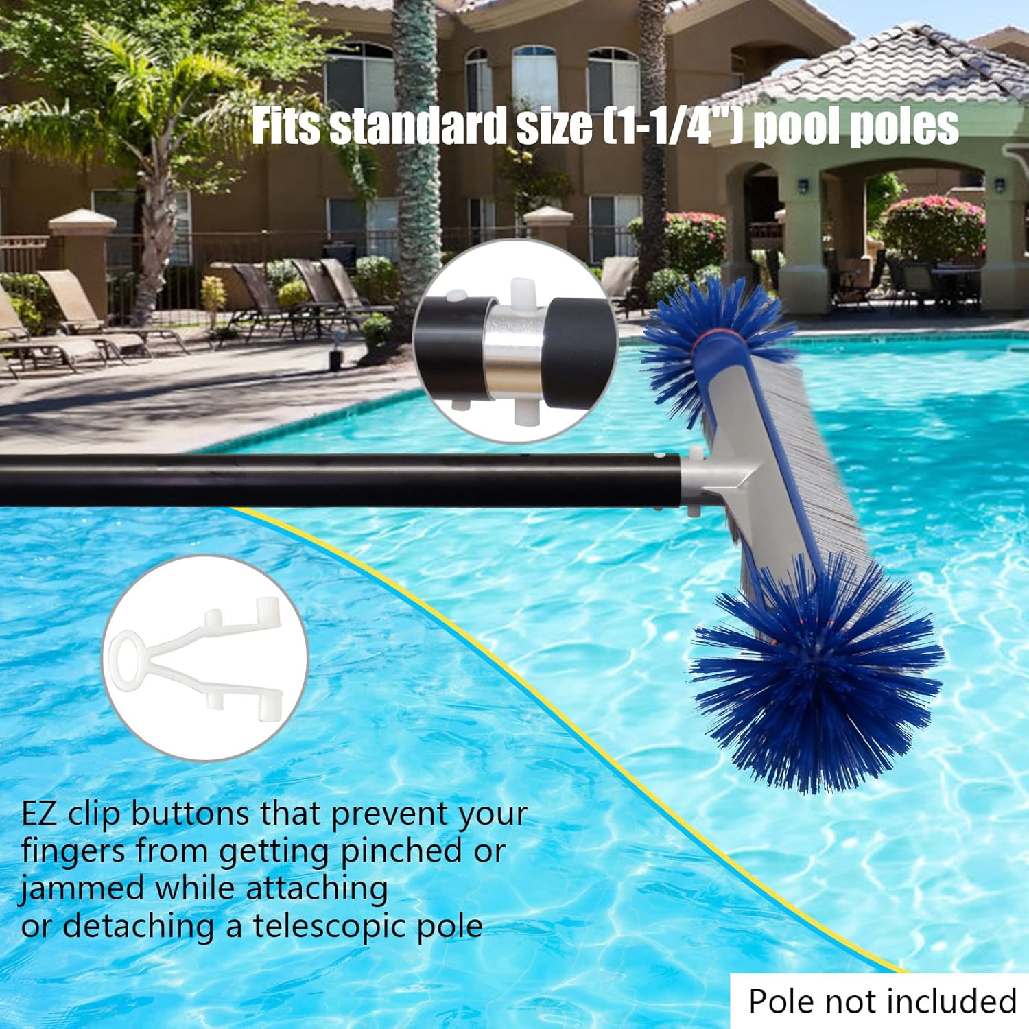 Poolvio Professional 17.5" Floor & Wall Pool Cleaning Brush with Tough Around Nylon Bristles, EZ Clip Aluminum Handle- Easily Sweep from Walls, Floors, Steps - Image 6