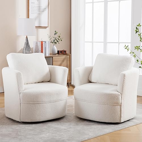 Swivel Accent Barrel Chair Set of 2 - Round Boucle Chair Swivel Circle Club Sofa Sherpa Arm Chair with Pillow for Living Room Bedroom White