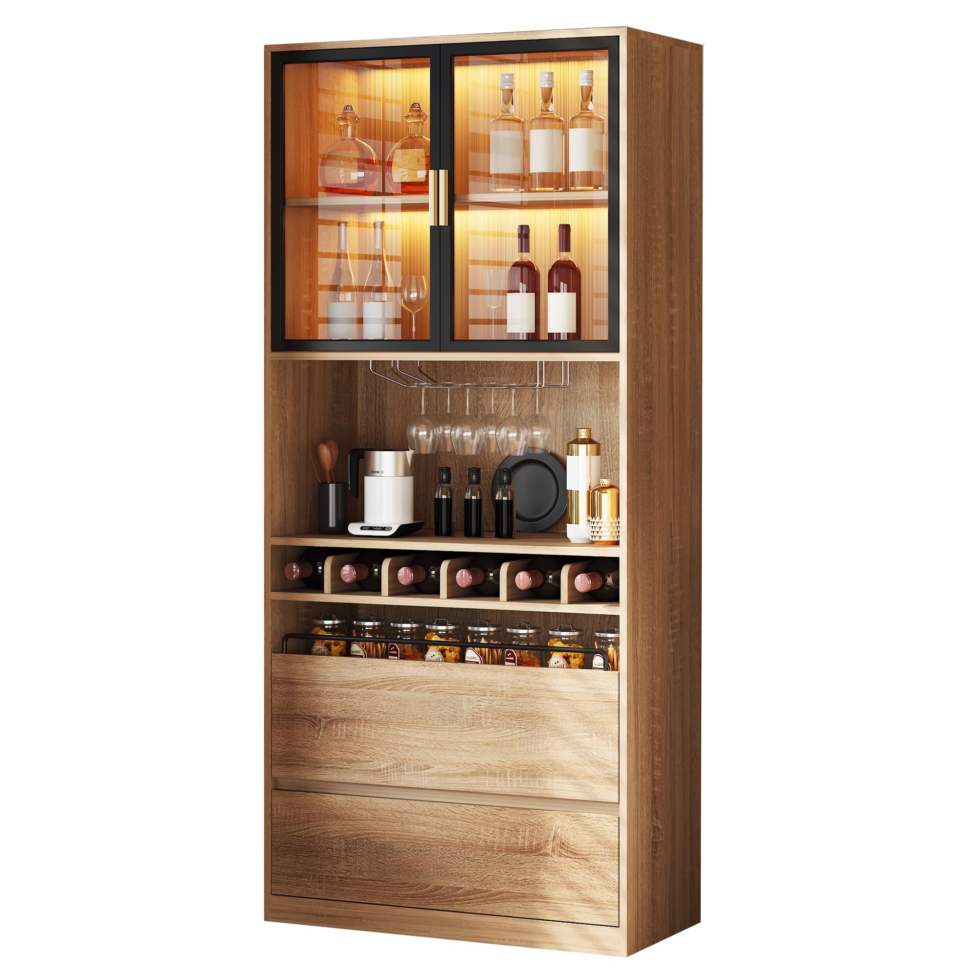 Armoire vitrine multifonction portes vitrées éclairage LED télécommande infrarouge minuterie étagères ouvertes support verres amovible casiers bouteilles tiroirs occultants rangement (Naturelle)