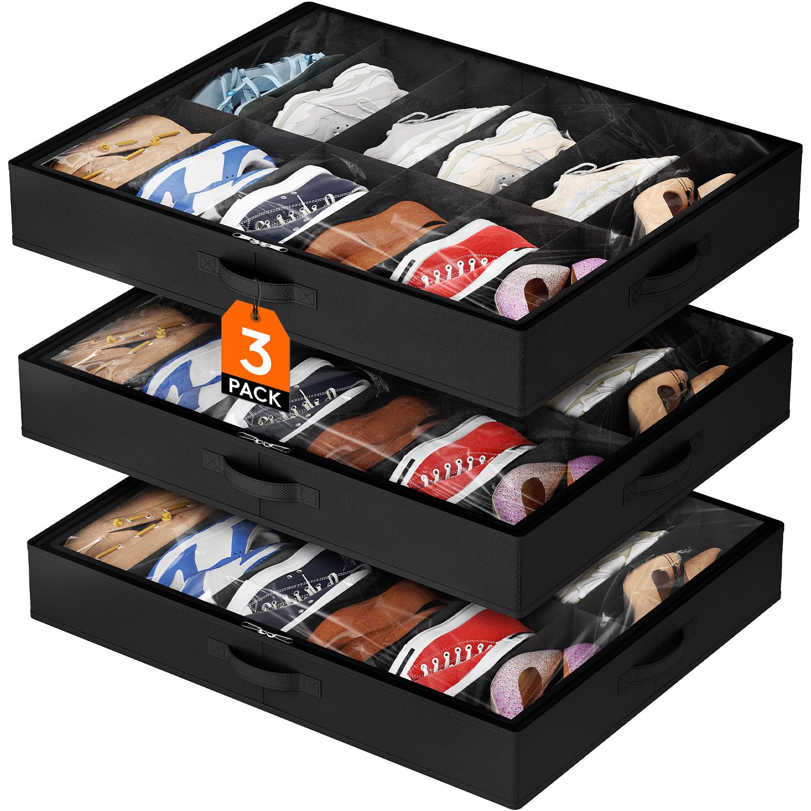 Lifewit Under Bed Shoe Storage Organizer Container, 3 Pack(12 Shoes Cells)
