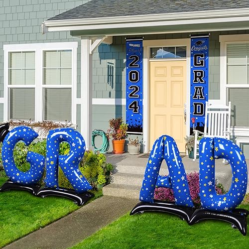 Miniatura 7 de Decoraciones de fiesta de graduación, frase de globo de aluminio azul de pie "Grad", suministros perfectos para fiestas de graduación en interiores