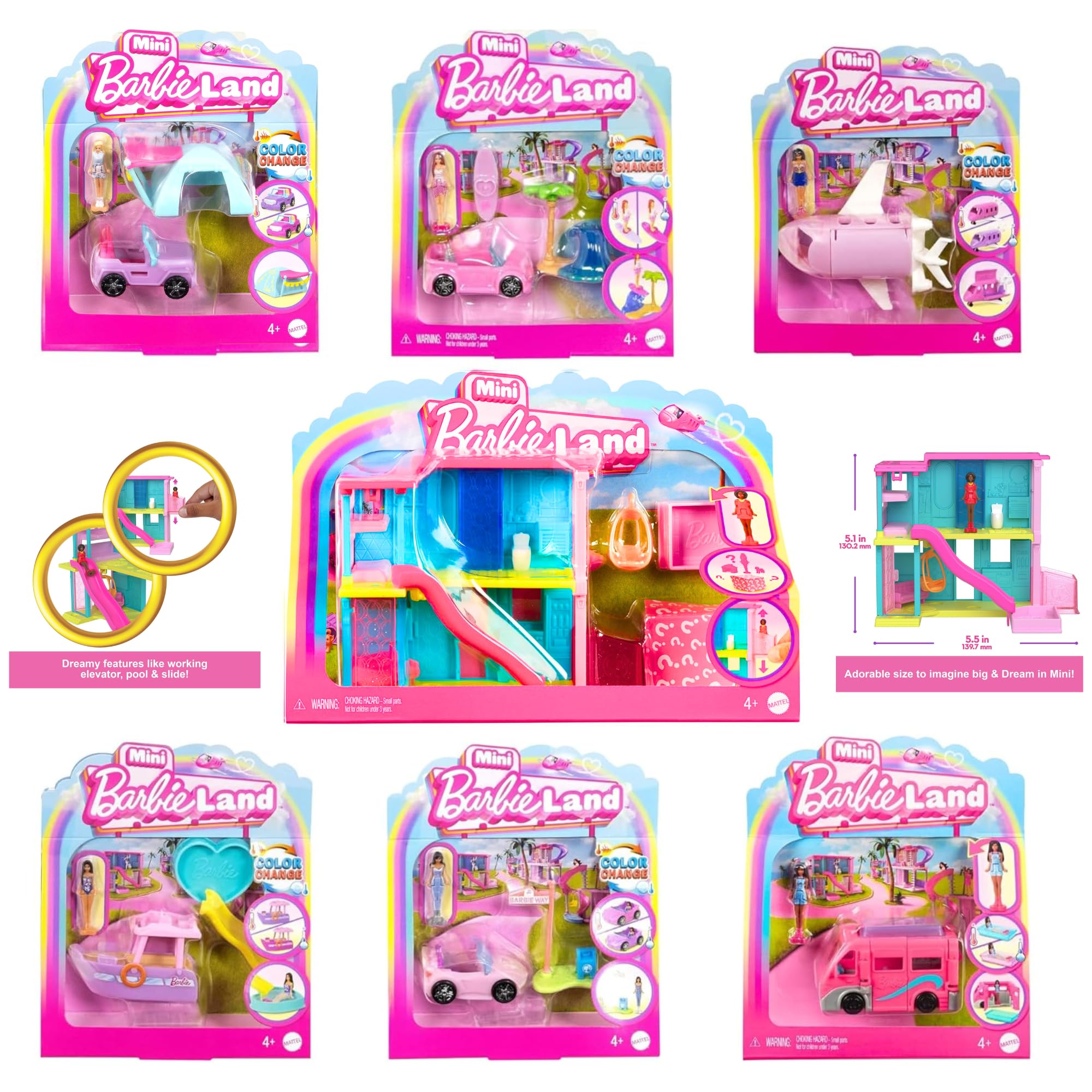 Barbie Mini Land Playsets Doll & Toy Vehicle Sets Bargain Bundles - (7 Piece Bundle Set 2)