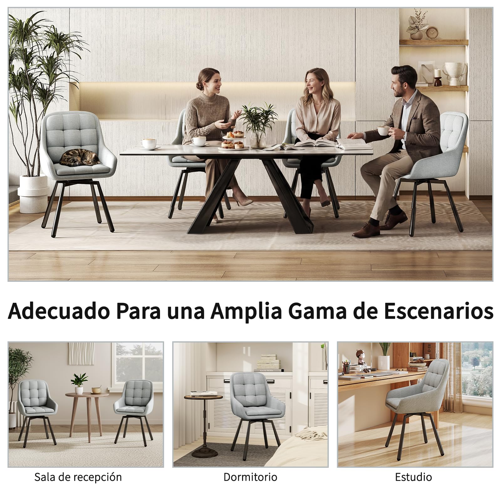 JIJIAN Juego de 4 Sillas de Comedor Giratorias 360° con Reposabrazos, Silla Acolchada con Patas Metálicas, para Salón, Cocina, Dormitorio y Estudio, Gris Claro