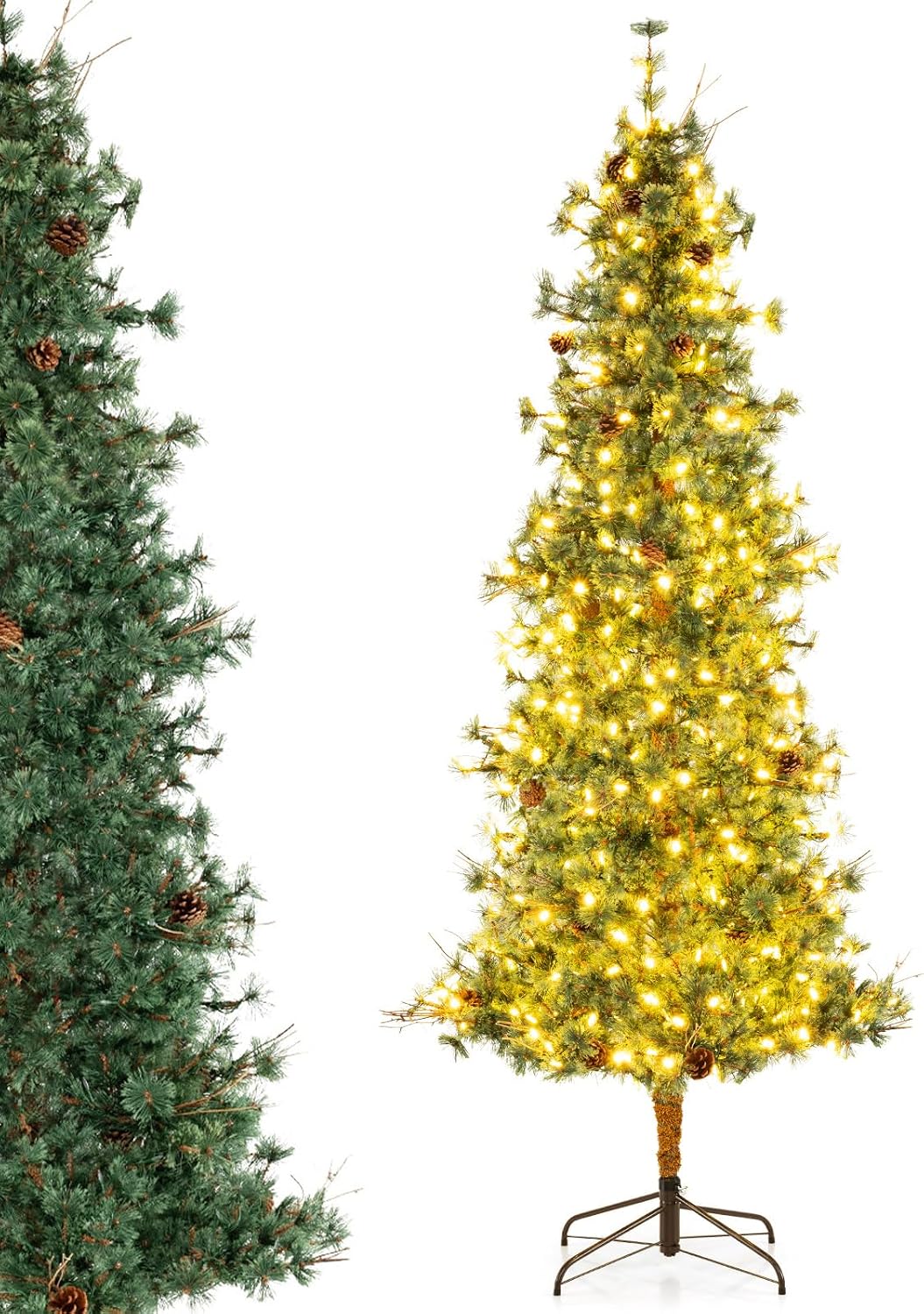 DORTALA 8FT Pre-Lit Artificial Christmas Tree, Hinged Xmas Tree with 702 Branch Tips, 36 Pine Cones, Pine Needles, 400 Warm White LED Lights, Foldable Metal Stand, Green