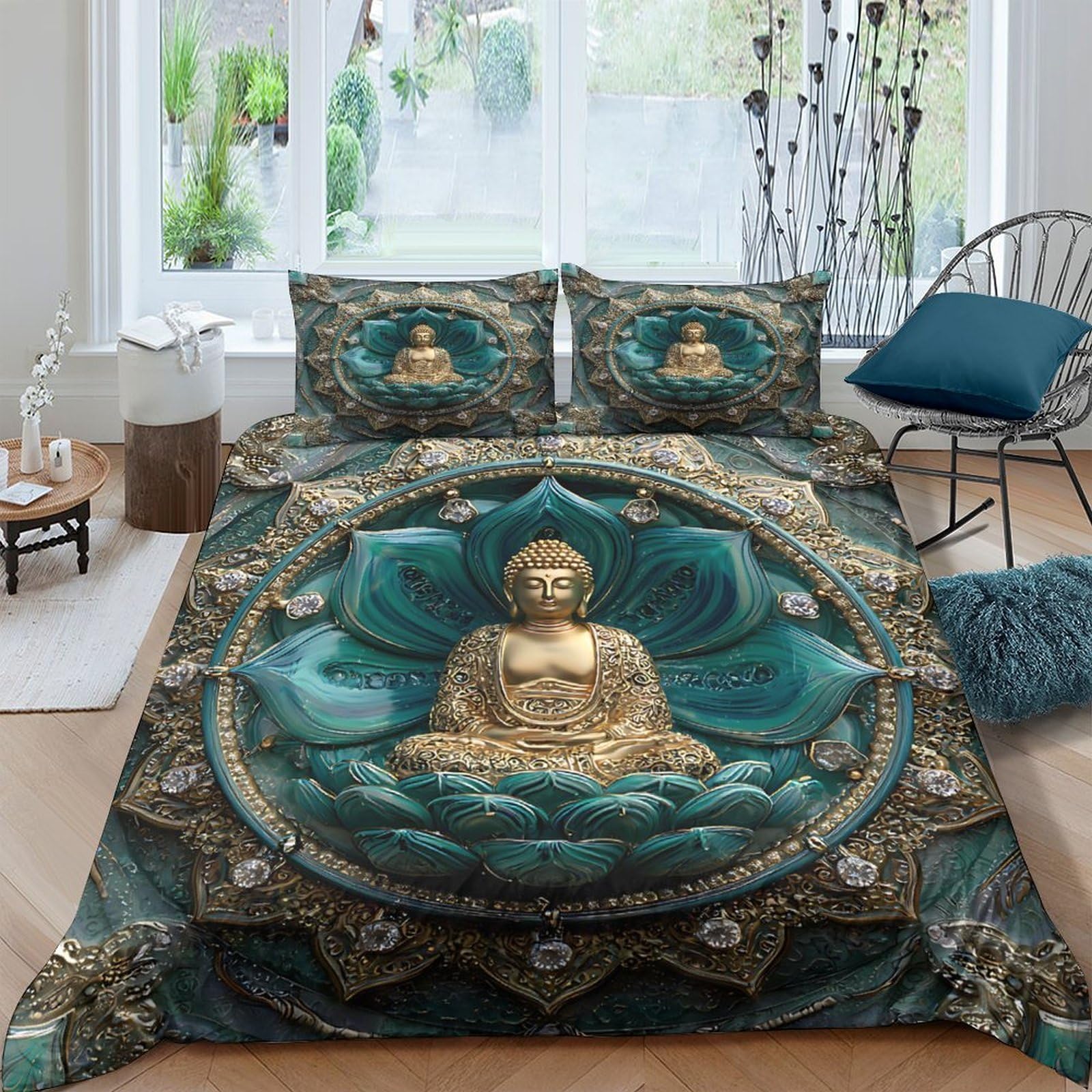 Ctjqhvkz Style-1 3D Printed Buddha Lotus Fitted Sheet Microfiber Soft Breathable Mandala Bed Cover For Bedroom Dorm Mattress Decor Single（135X200cm）