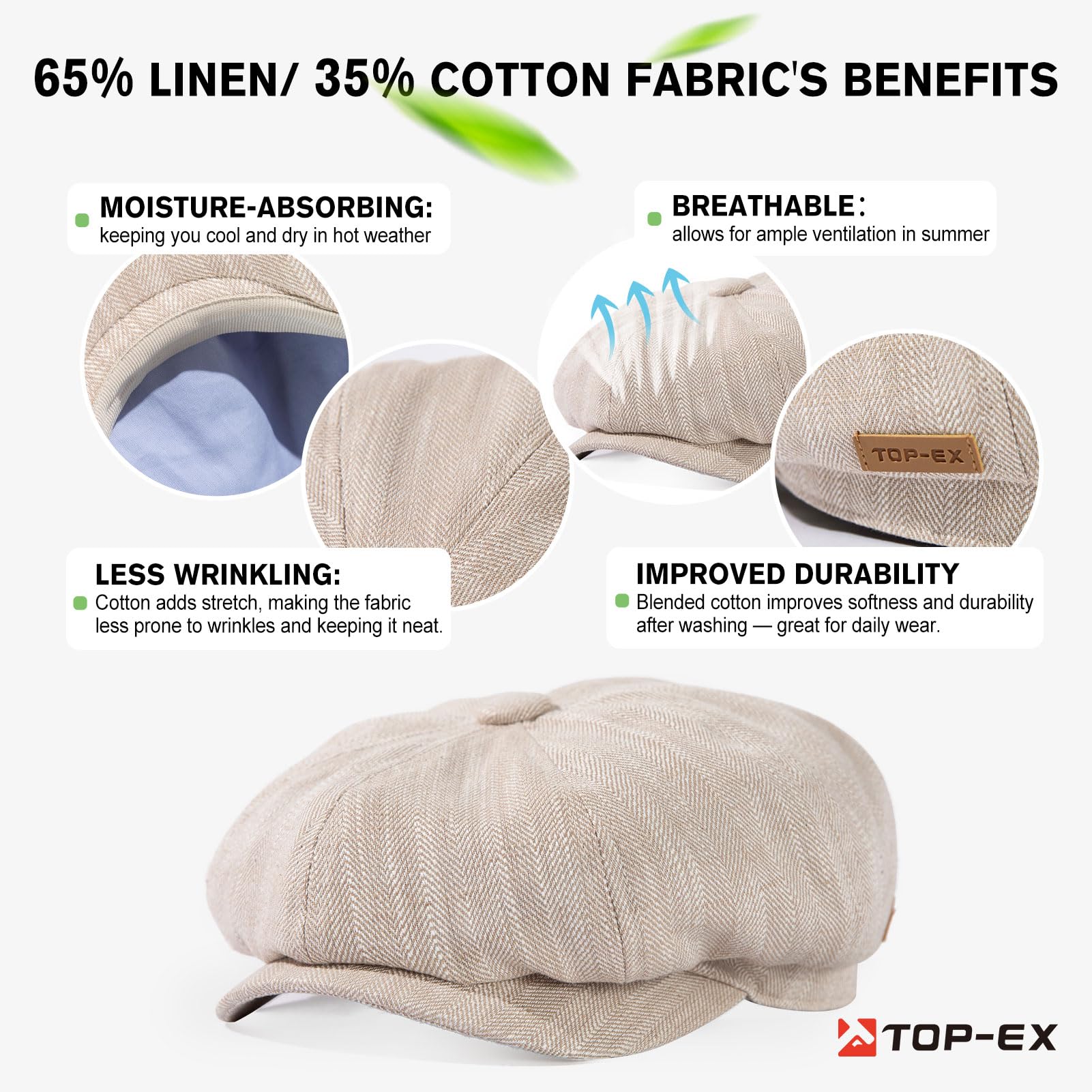 TOP-EX Oversize XL XXL Lino Naturale Berretto Piatto Leggero 8 Pannelli Estate Raffreddamento Newsboy Cappello Ecologico Golf Outdoor