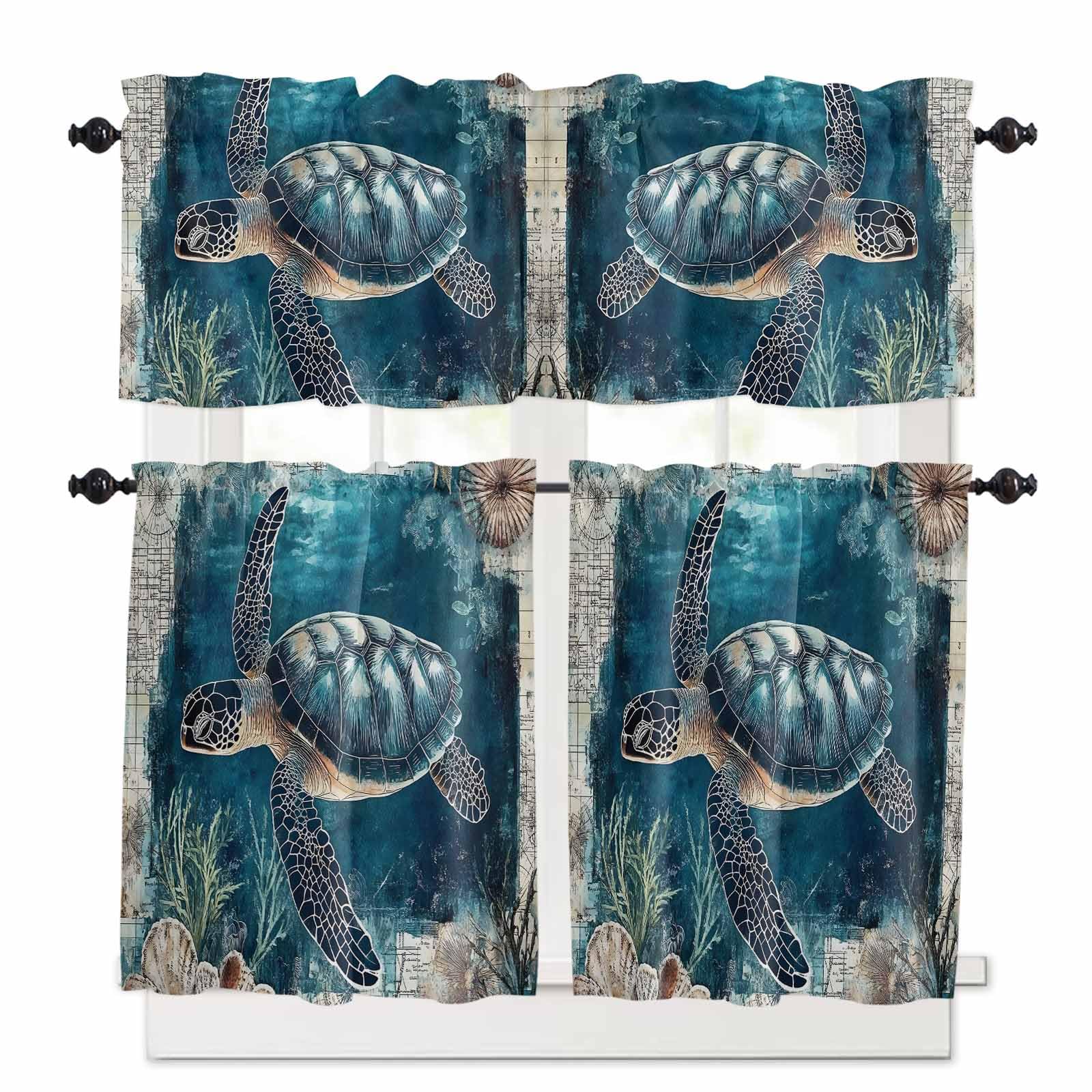 Nautical Sea Turtle Kitchen Curtains 36 Inch Length, 3 Piece Rod Pocket Small Half Tiers and Valance Set, Coastal Vintage Ocean Shells Small Large Window Treatment Decor for Bedroom/Bathroom Sink