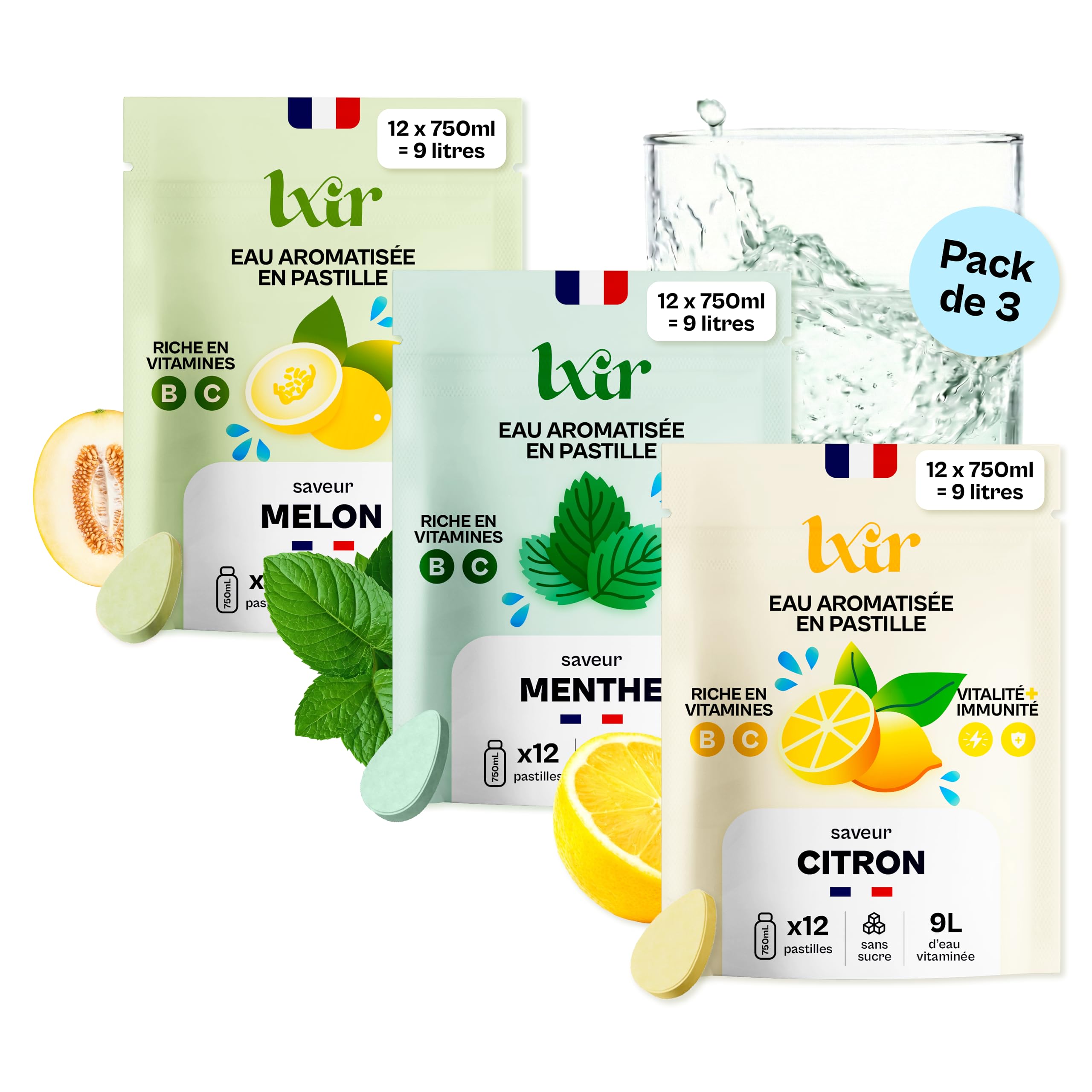 LXIR DRINK - Eau aromatisée en pastille sans sucre - Boisson multivitamines - Riche en vitamines C et B - Hydratation quotidienne - Beauté de la peau (1 unité (Lot de 36), Citron/Menthe/Melon)