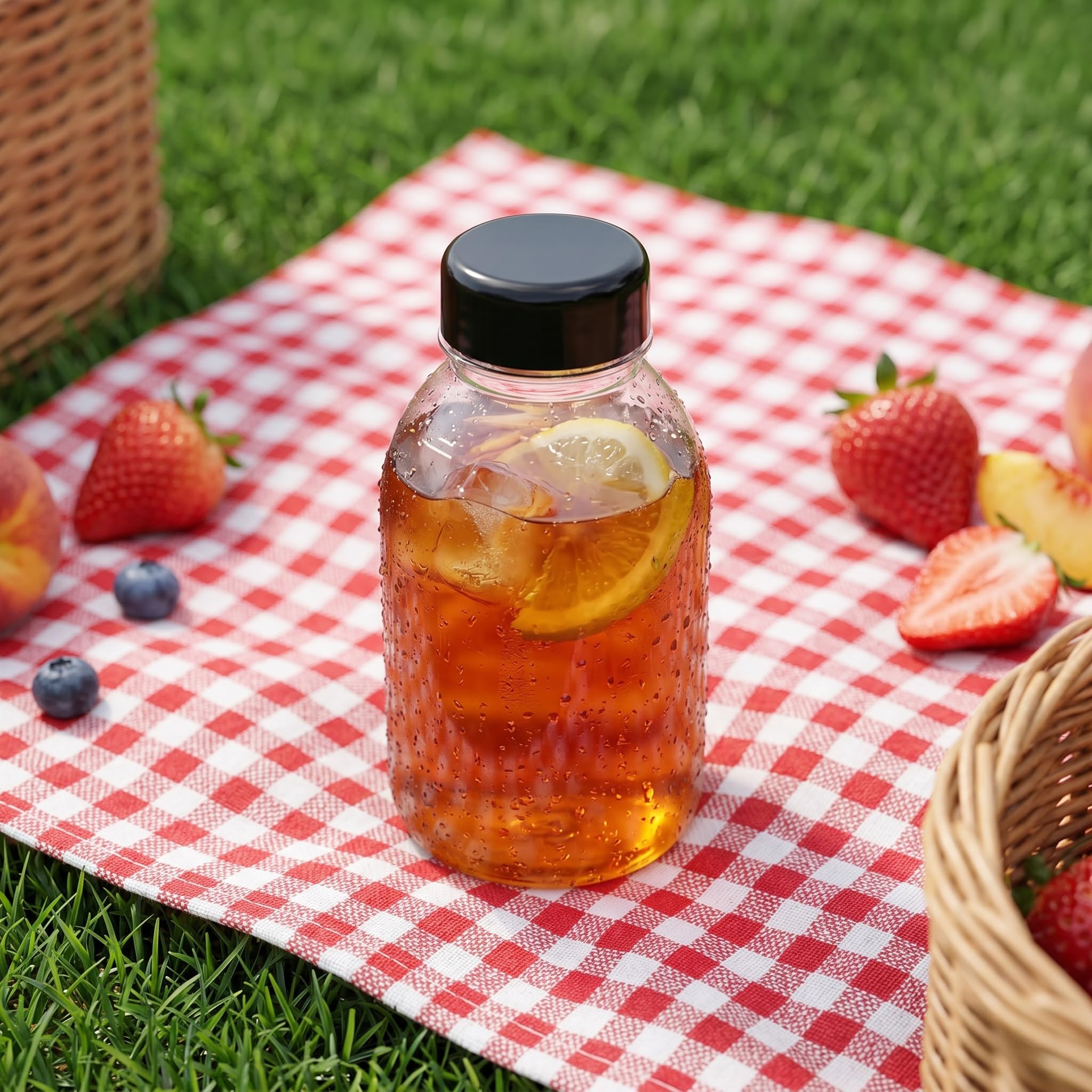 Lot de 30 récipients transparents réutilisables de 250 ml pour jus et autres boissons, 6,5 x 11,5 cm, bouteille de jus en plastique 250ml avec couvercles noirs, bouteilles plastiques vides