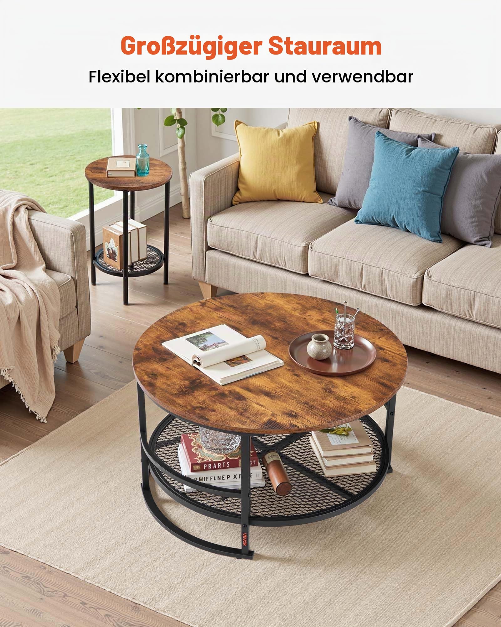 VEVOR 3-TLG. rundes Wohnzimmertisch-Set, (800 x 465 mm) Industrie-Couchtisch mit 2 runden Beistelltischen (40 x 60 cm), Sofatisch-Sets mit Metallbeinen, Satztische für Büro Wohnzimmer Wohnung