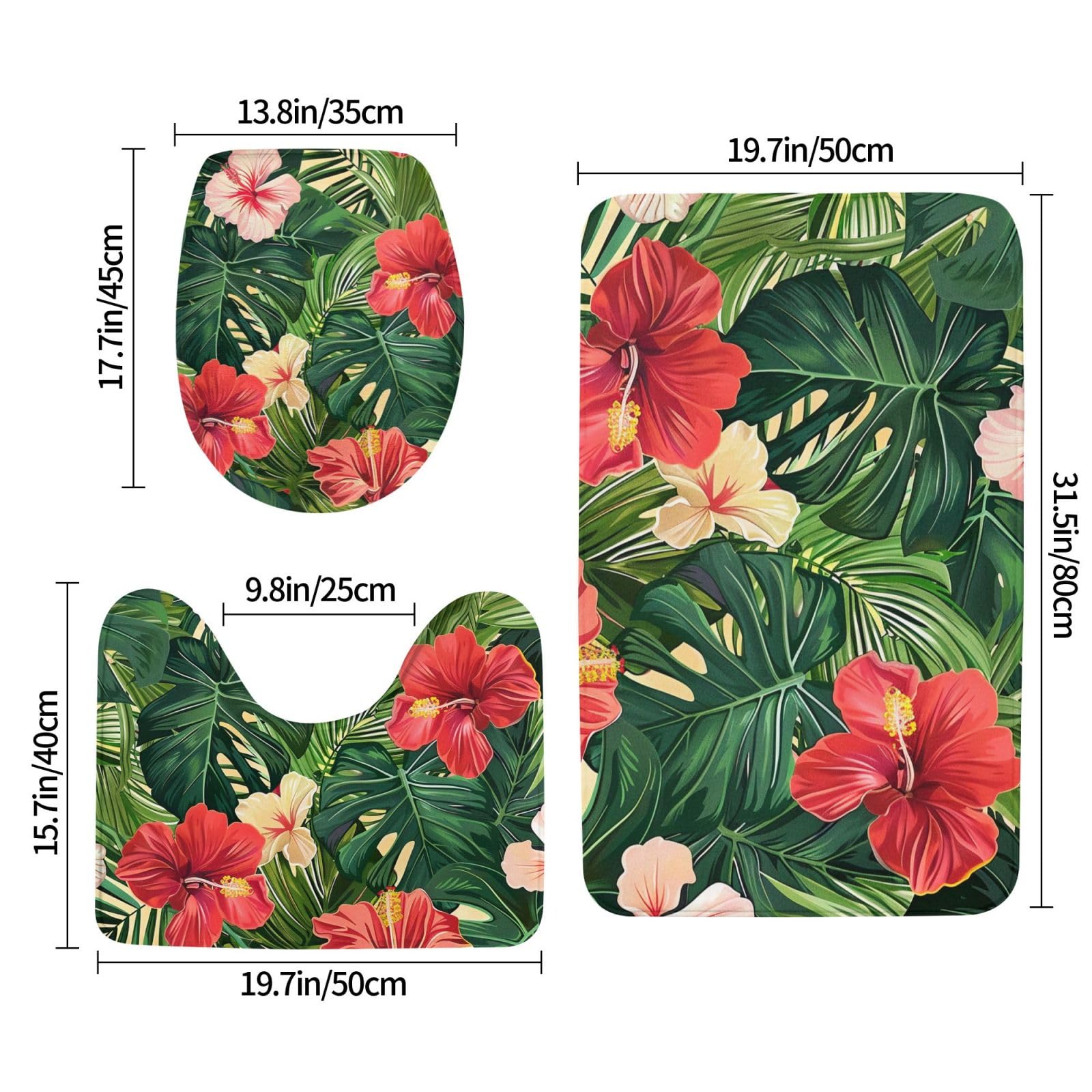 Lot de 3 tapis de bain antidérapants et absorbants en flanelle avec motif feuilles végétales et fleurs d'hibiscus