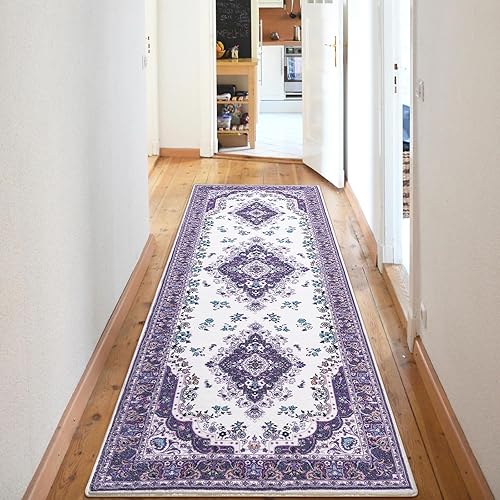 HOMORE Runner Rug 2.6x8 Hallway Runners Rugs for Entryway Non Slip Washable Bedroom Rug Lavender Faux Wool Floor Carpet Runner for Kitchen Indoor Front Entrance Laundry Living Room Dorm, Purple