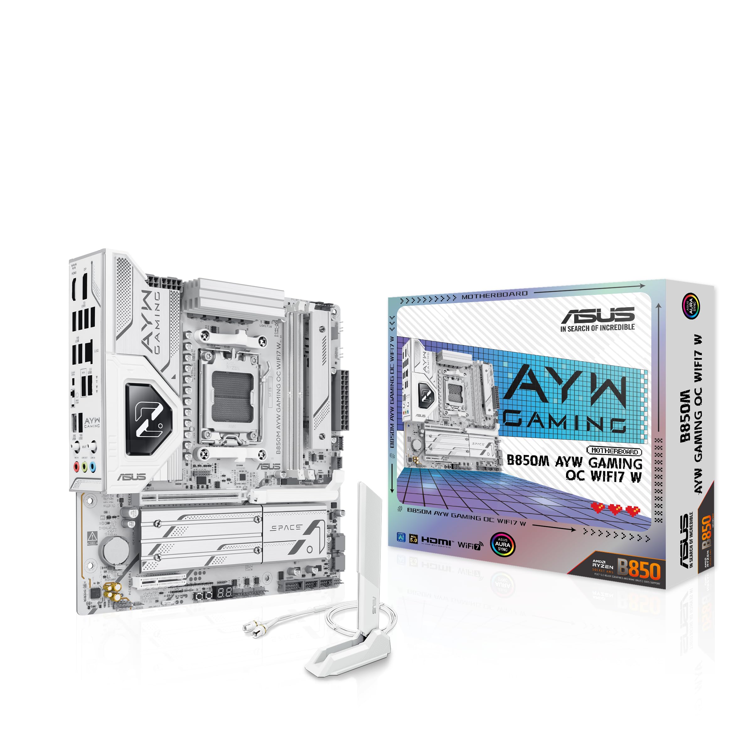 ASUS B850M AYW Gaming OC WIFI7 W, Placa Base AMD Micro-ATX, 12+2+1 Fases de alimentación, DDR5, PCIe 5.0, 3 Ranuras M.2, Wi-Fi 7, Ethernet Realtek 2.5 GB, USB-C de 20 y 10 Gbps, BIOS Flashback, Aura