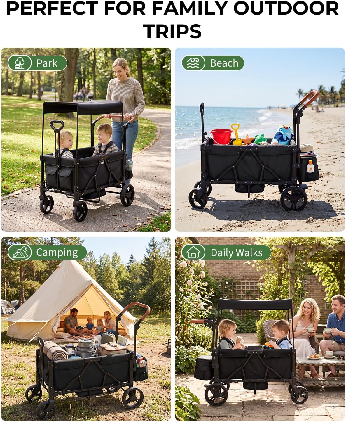 Foldable Wagon Stroller for 2-Seat with Canopy & Storage Bag Black | 5-Point Harness, Adjustable Push & Pull Handle, All-Terrain Wheel, Folded Size 34" x 22.4" x 16.5", One-Step Foot Brake