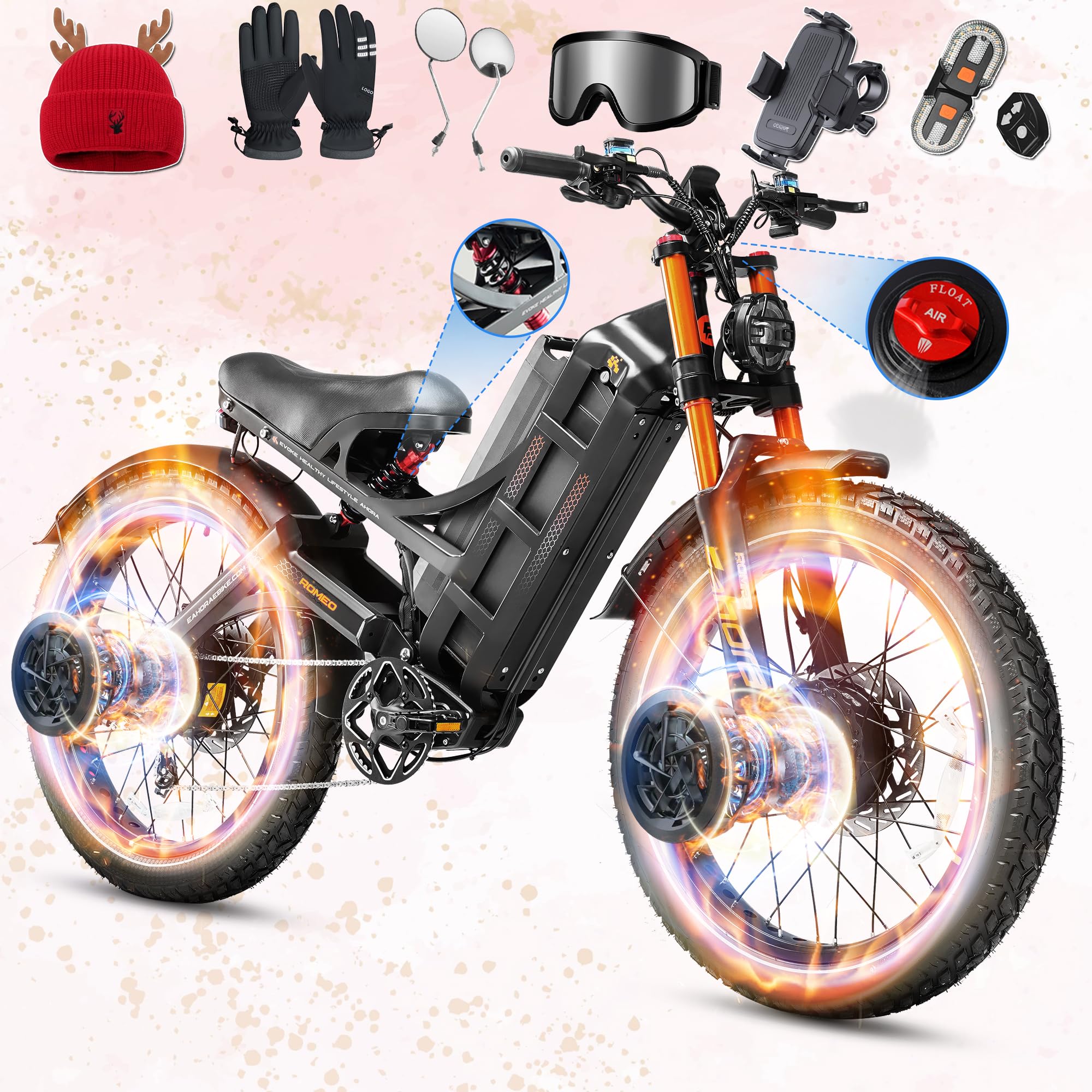 eAhora 2025 Romeo Pro 3/2 50-46Mph Electric Bike for Adults 5600W/4000W/2500W Dual Motor Ebike 60V/80Ah 52V/70Ah Long Range Fat Tire Full Suspension Electric Mountain Bicycle