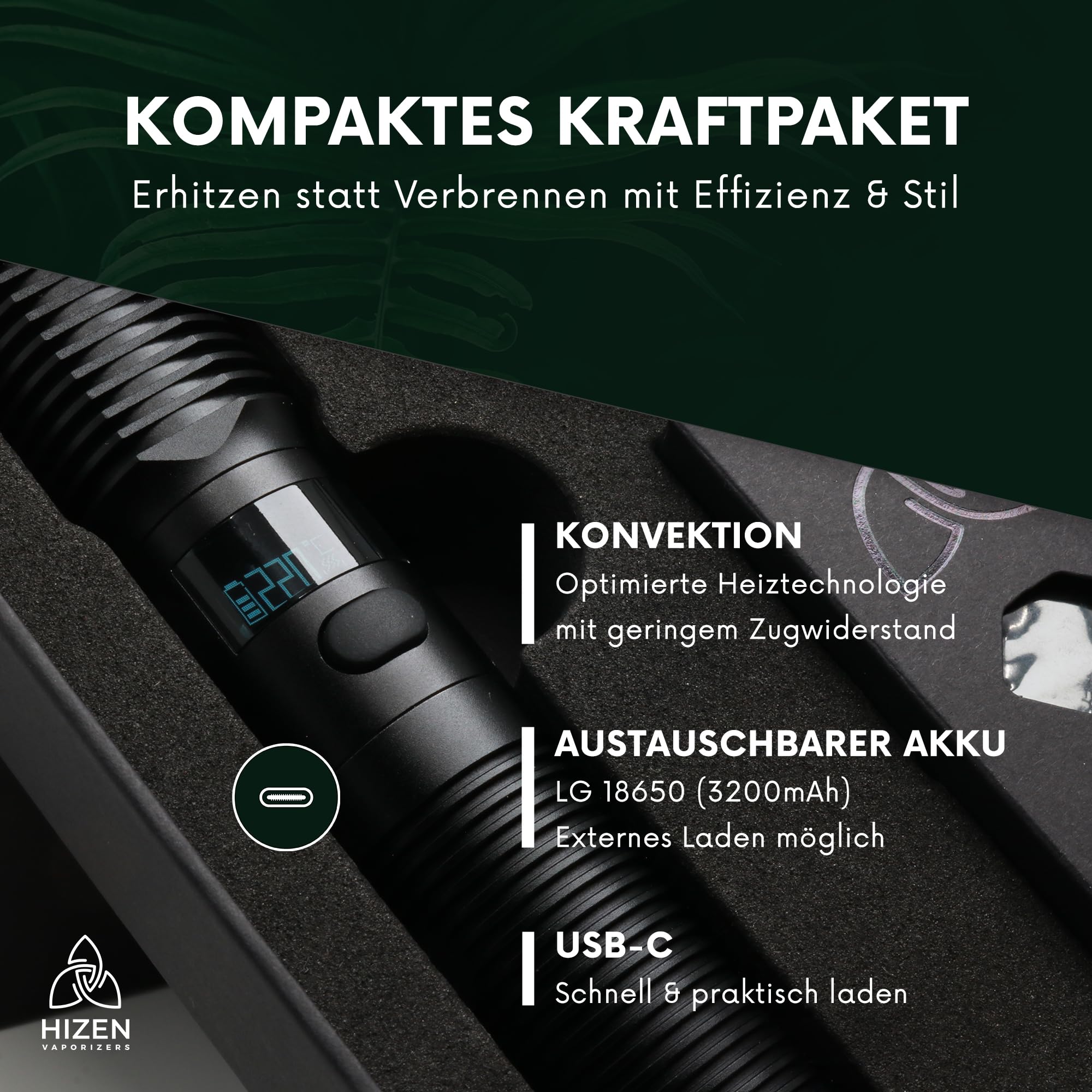 HIZEN Vaporizer Stilus Pro Konvektion + Ladeset - Verdampfer für Kräuter mit austauschbarem Akku, USB-C Kräuterverdampfer, Aluminium Gehäuse, Display, modular erweiterbar - nikotinfrei