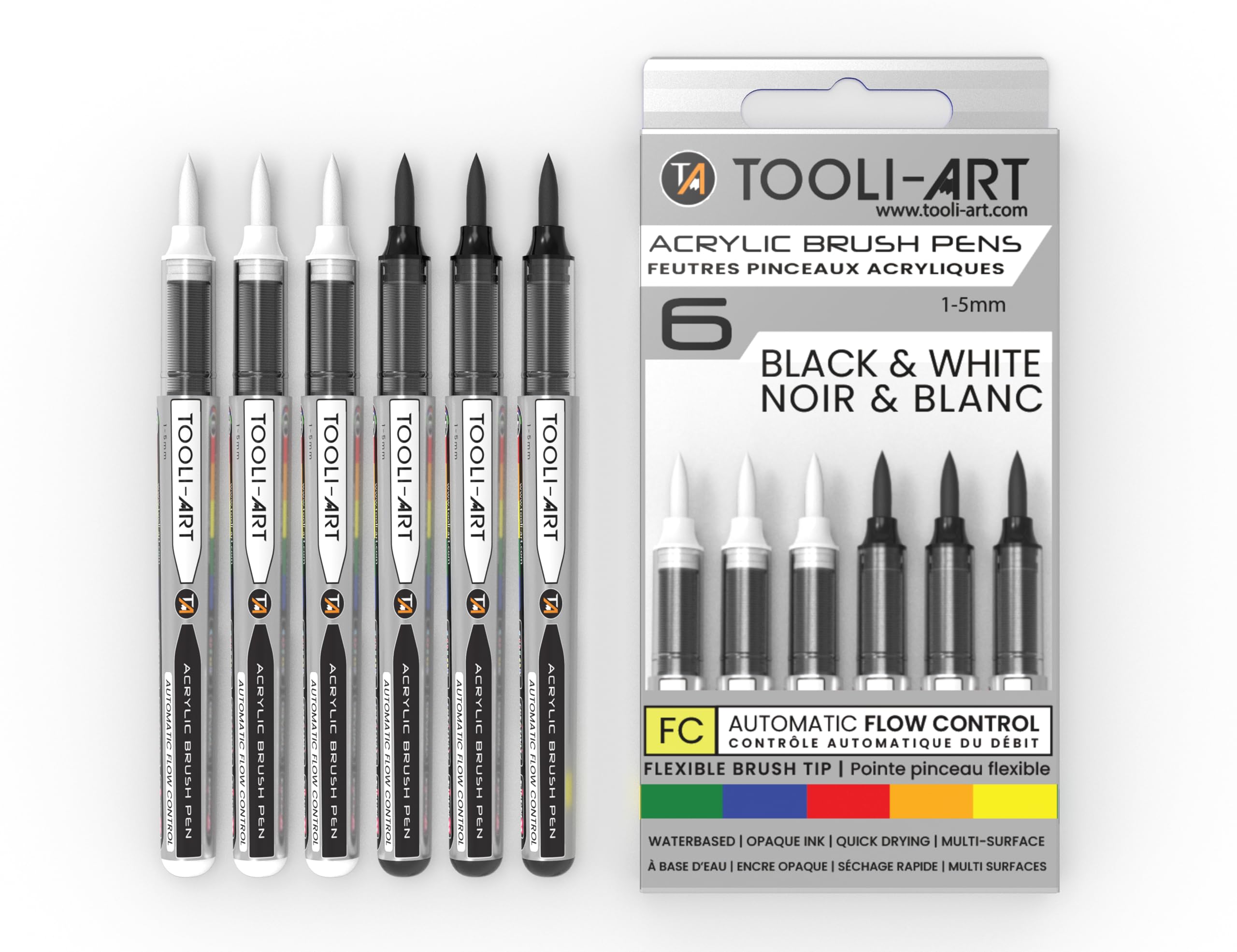 6 Black & White Acrylic Paint Pens โ Flexible Brush Markers with Automatic Flow Control, 1โ5mm, Waterbased, Illustration, Lettering & Multi-Surface Glass, Wood, Metal, Canvas, Fabric, Plastic, Paper