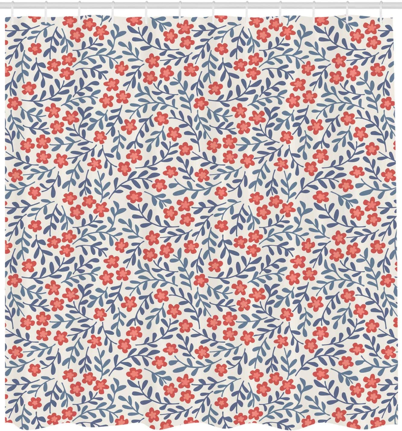 Ambesonne Vintage Shower Curtain, Vintage Retro Flower Design Bohemian Classical Ornamental Daisy Blooms Pattern, Cloth Fabric Bathroom Decor Set with Hooks, 69" W x 75" L, Red Blue White