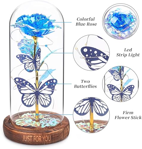 Miniatura 5 de WOKEISE Mariposa rosa iluminada en cúpula de cristal, para mujeres, aniversario de cumpleaños, rosas iluminadas, regalos para esposa, mamá, abuela,