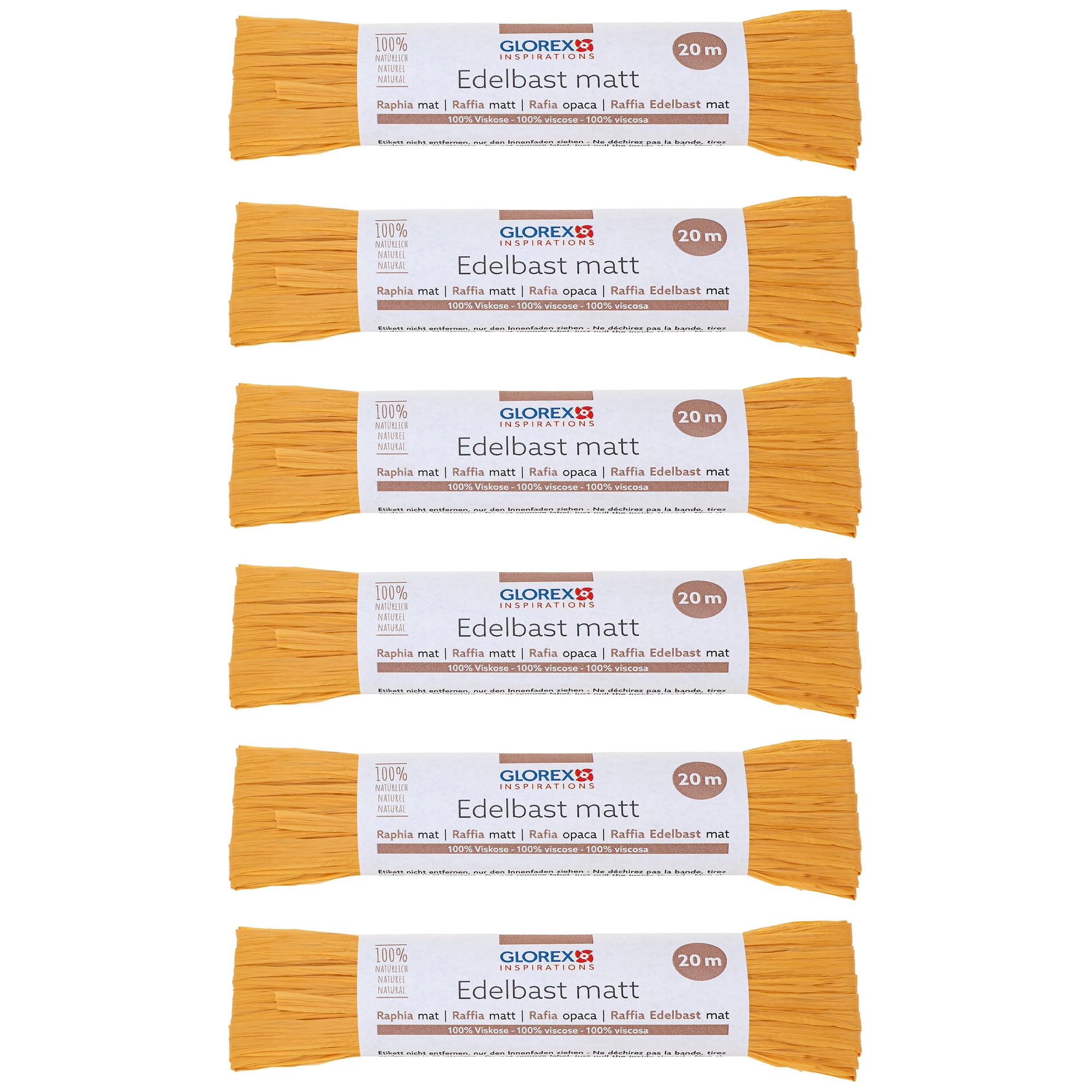 GLOREX 6 9400 501K Raffia Edelbast, 6 Bundles Each 20 m Matte Raffia, Yellow, for Crafts, Decoration or for Arrangements, Bouquets and Other Floristry Work