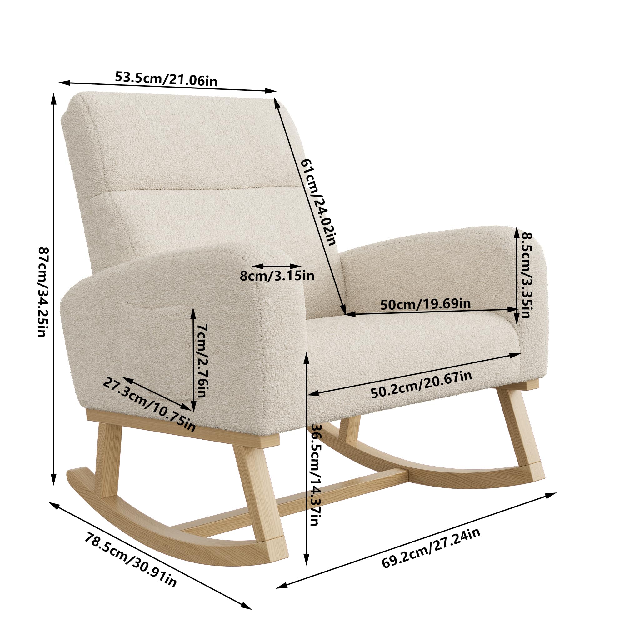 Schaukelsessel, Stillsessel, Schaukelstuhl, aus Stoff mit Wolleffekt, Relaxsessel mit Holzrahmen und Seitentasche, für Wohnzimmer, Schlafzimmer, massiv (beige)