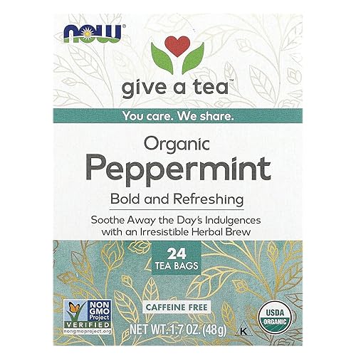 Té de menta orgánico, sin cafeína, 24 bolsas de té, 1.7 oz (48 g), NOW Foods