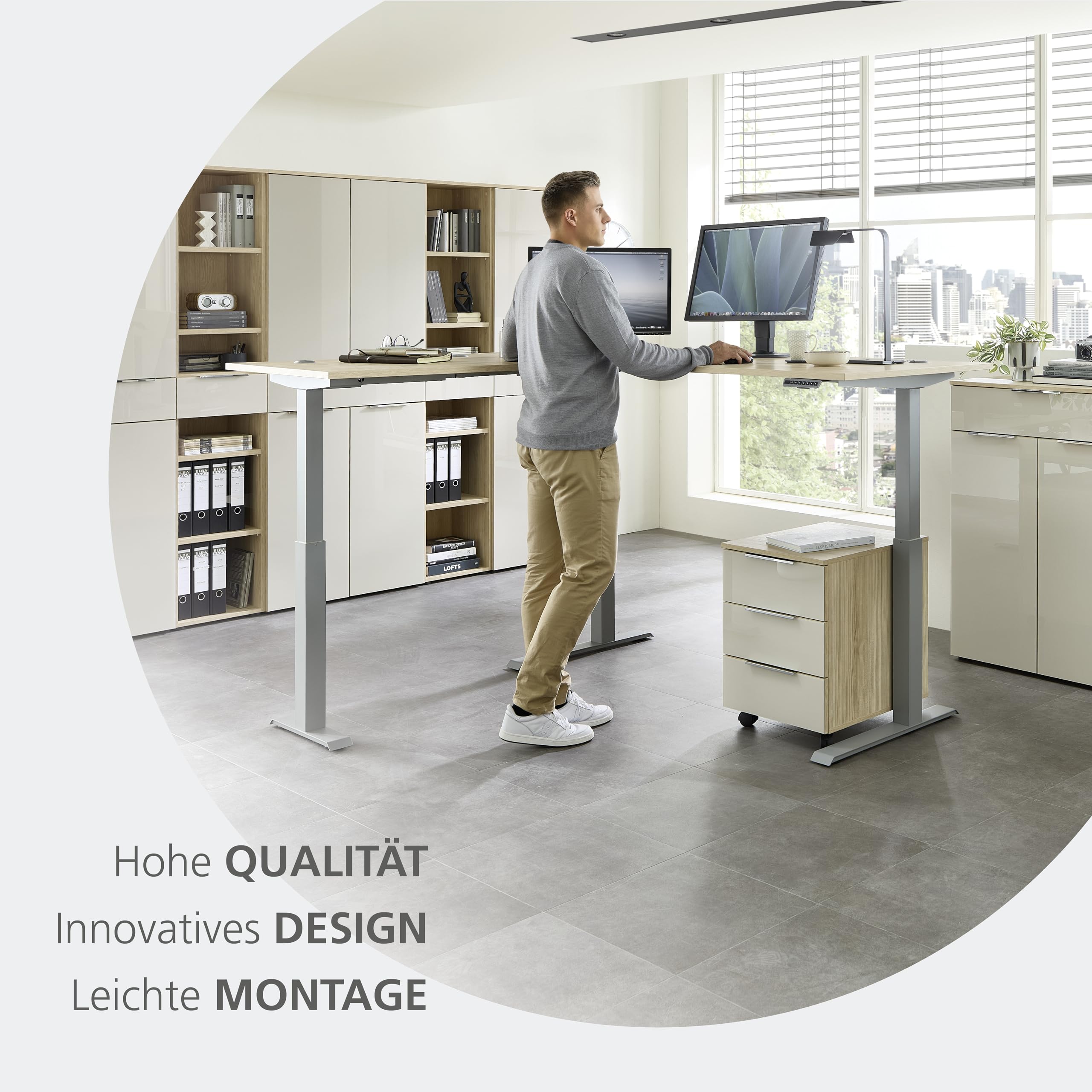 SANTORIN Rollcontainer Schreibtisch Büroschrank Cashmere Riva Eiche | 45 x 61 x 55 cm (B/H/T), Büro, 3 Schubladen, Glasfronten, 4 Rollen davon 2 mit Bremse, Metallgriffe, mit Stauraum
