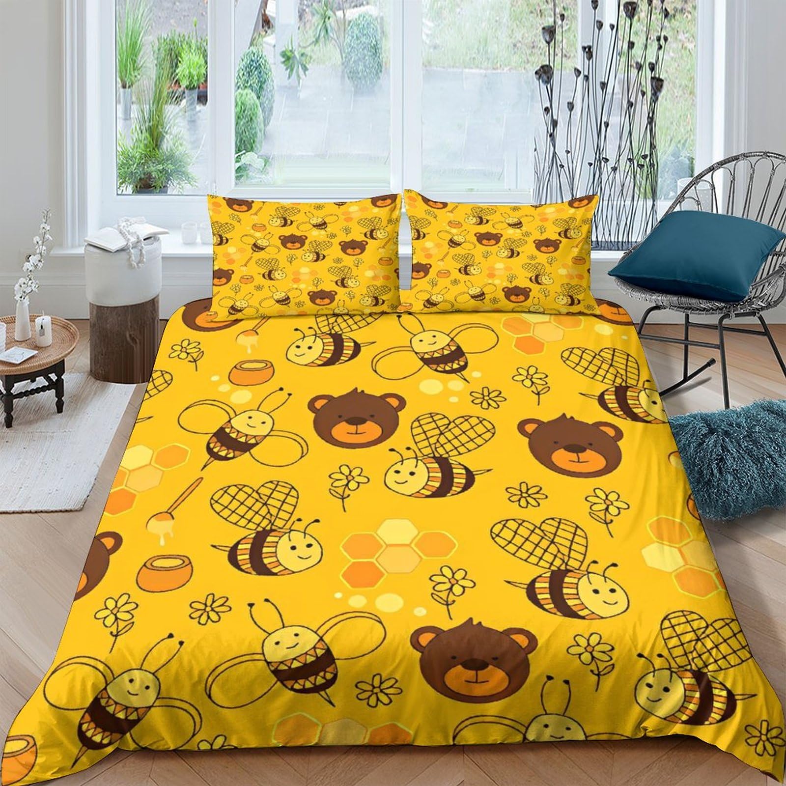 Parure de lit avec housse de couette 220x240cm motif nid d'abeille 3D et taies microfibre