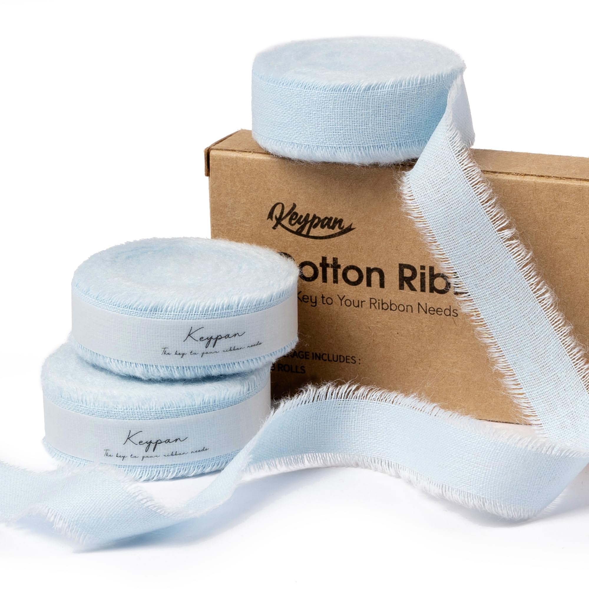Keypan Blue Ribbon 16 mm x 19.2 m with Frayed Fringe Fabric Cotton Ribbons for Gift Wrapping Wedding Invitations Flower Bouquet Baby Shower