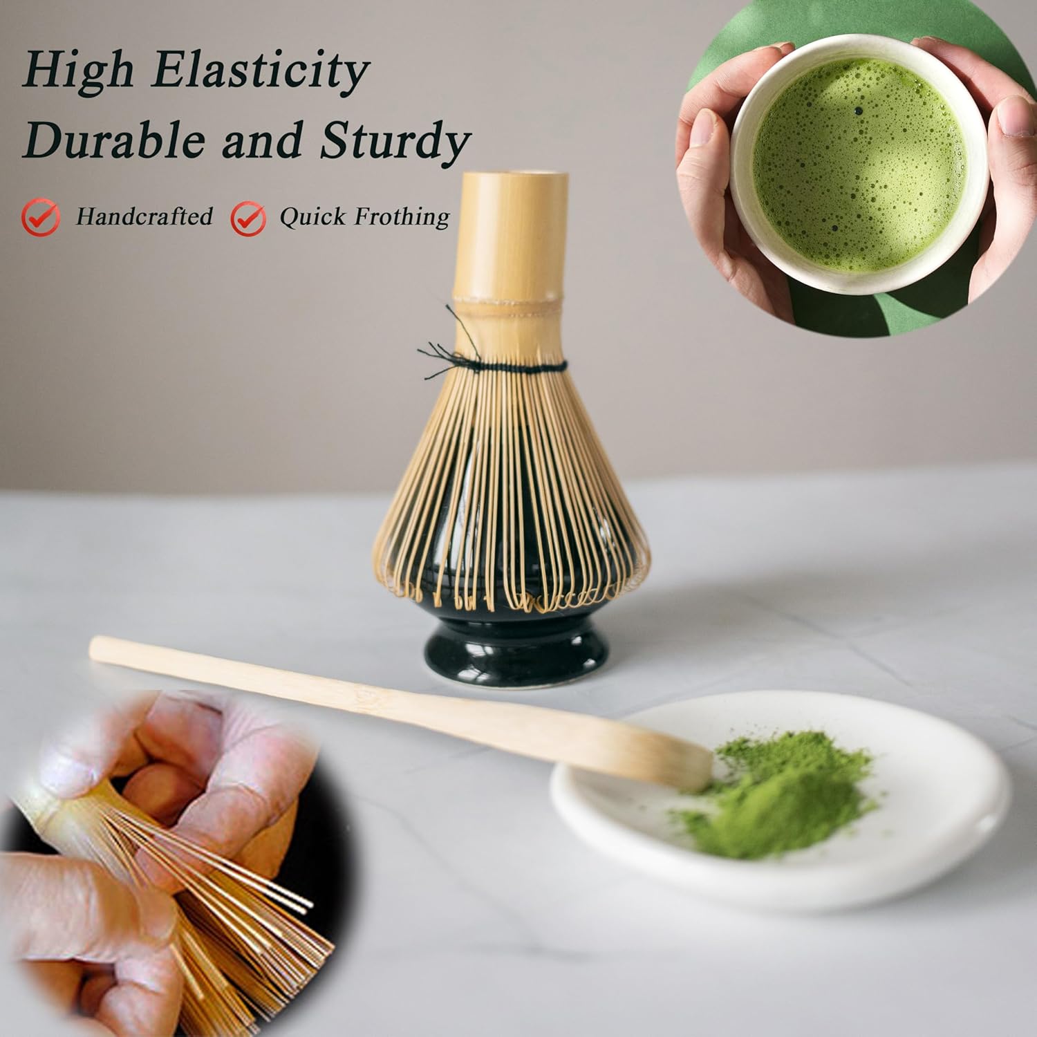 Matcha Tea Set (7pcs) - Matcha Whisk Set with Bowl, Whisk Holder, and Pouring Spout Bowl, Perfect Matcha Starter Kit for Tea Ceremony (Amber Sand) - Image 4