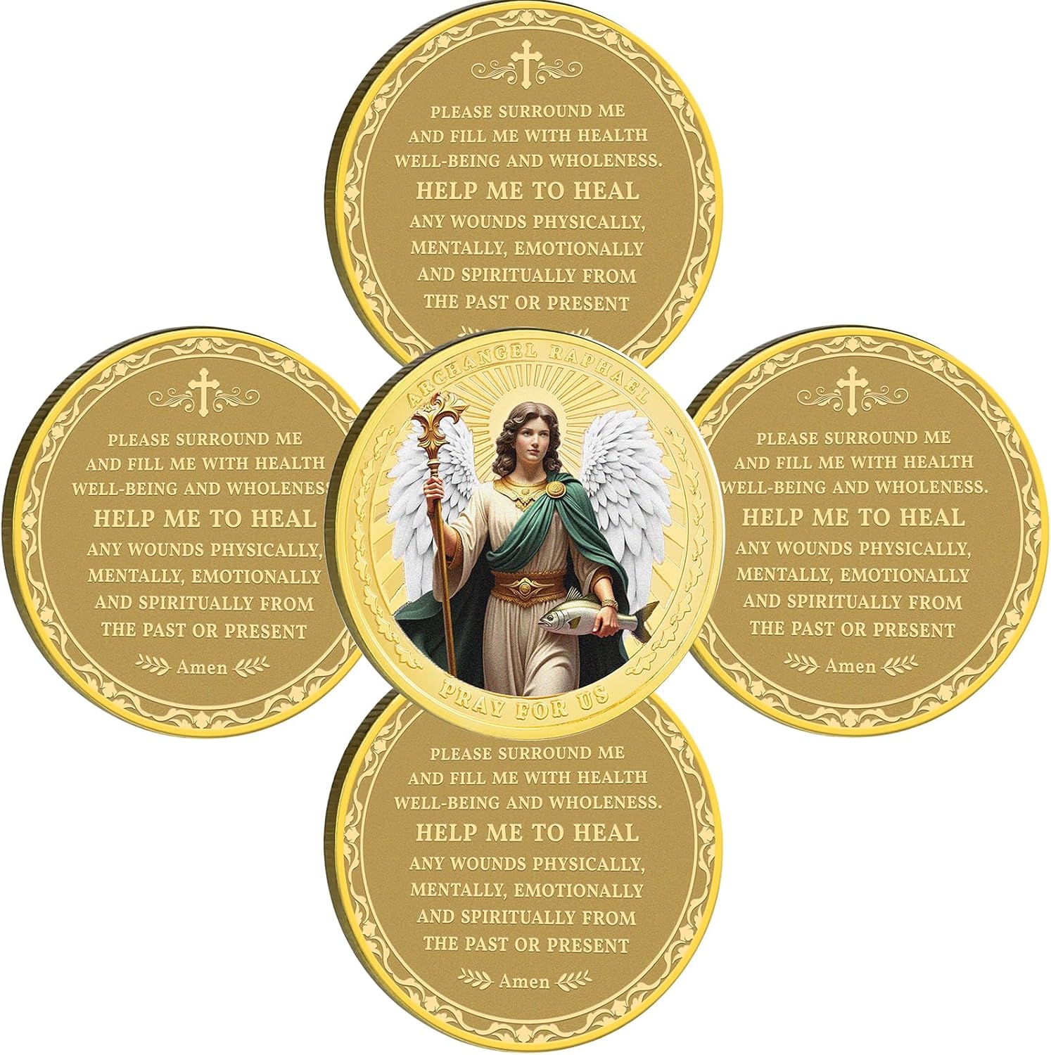 Archangel Raphael Healing Prayer Coin– Zinc Alloy Commemorative Coin, 3D Engraved Pocket Token, Protector Saint Michael Medallion for Collectors, Veterans, Law Enforcement (5 Pack)
