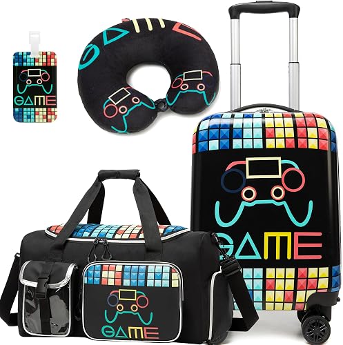 Kid’s Luggage Set 3 Piece Suitcase Set 16’’ Hardside Luggage Carry on Travel Rolling Luggage Airline Approved for Girls and Boys, G Black, 16 inch, Adventurous Modern