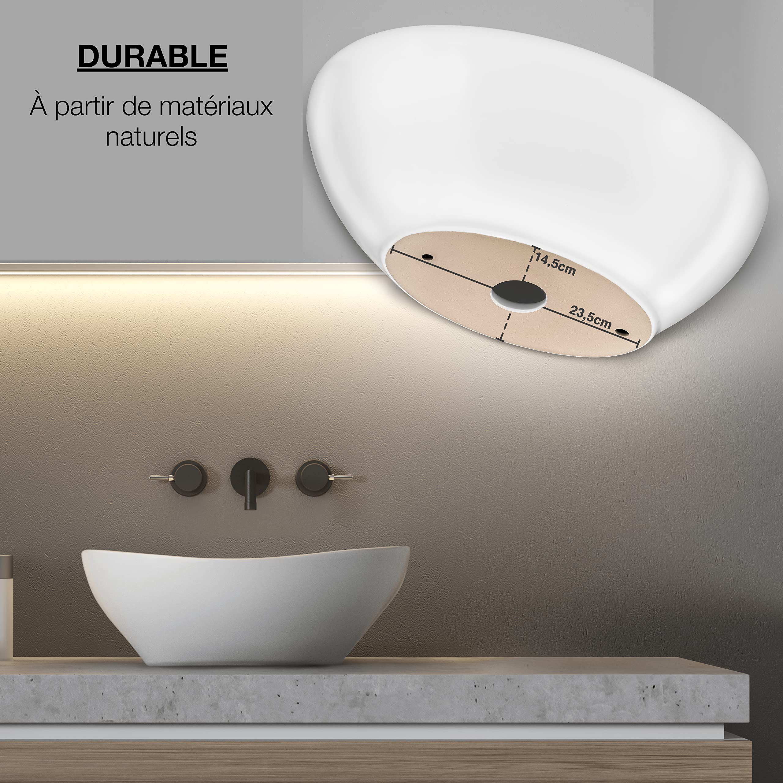 VMbathrooms Premium Céramique lavabo ovale avec effet lotus | Vasque à poser pour la salle de bain et les toilettes d'invités sans trou pour robinet ni trop-plein | blanc pur, 41 x 33 x 14,5 cm
