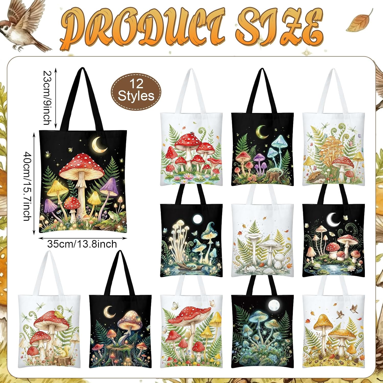 Paterr 12 Pcs Mushroom Canvas Tote Bags for Women, 15.7x13.7 Inch Aesthetic Reusable Grocery Shopping Shoulder Bags, Mushroom Lovers Gifts for Mother's Day Birthday